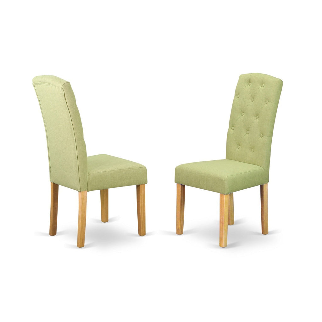 Juego de mesa de comedor moderna de 3 piezas East West Furniture MZCE3-OAK-07. Incluye una mesa rectangular de madera con alas abatibles y dos sillas de comedor Parsons de tela de lino Limelight.