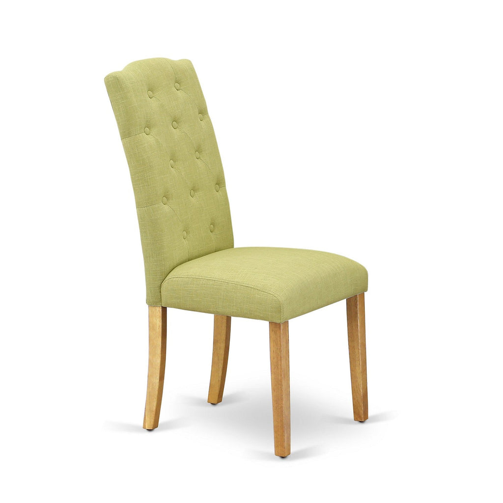 East West Furniture CACE6-OAK-07 6 Piece Dining Room Furniture Set Contains a Rectangle Dining Table and 4 Limelight Linen Fabric Upholstered Chairs with a Bench