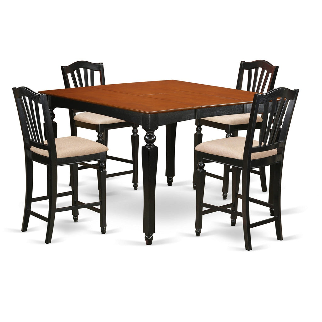 El juego de encimera de cocina de 5 piezas East West Furniture CHEL5-BLK-C incluye una mesa de comedor cuadrada con hojas de mariposa y 4 sillas de comedor tapizadas en tela de lino.