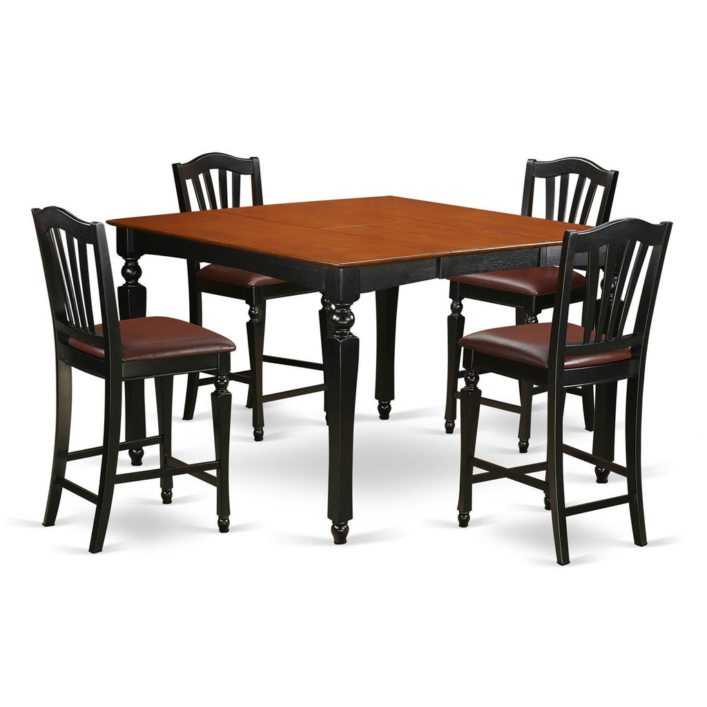 East West Furniture CHEL5-BLK-LC 5 Piece Counter Height Dining Table Set Includes a Square Kitchen Table with Butterfly Leaf and 4 Faux Leather Upholstered Chairs, 54x54 Inch, Black & Cherry