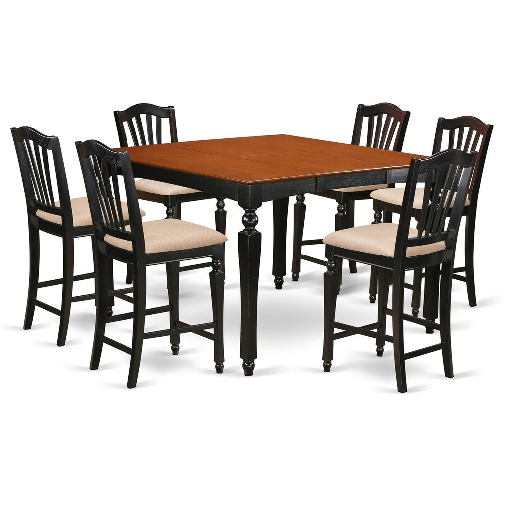 East West Furniture CHEL7-BLK-C 7 Piece Counter Height Dining Table Set Consist of a Square Kitchen Table with Butterfly Leaf and 6 Linen Fabric Upholstered Chairs