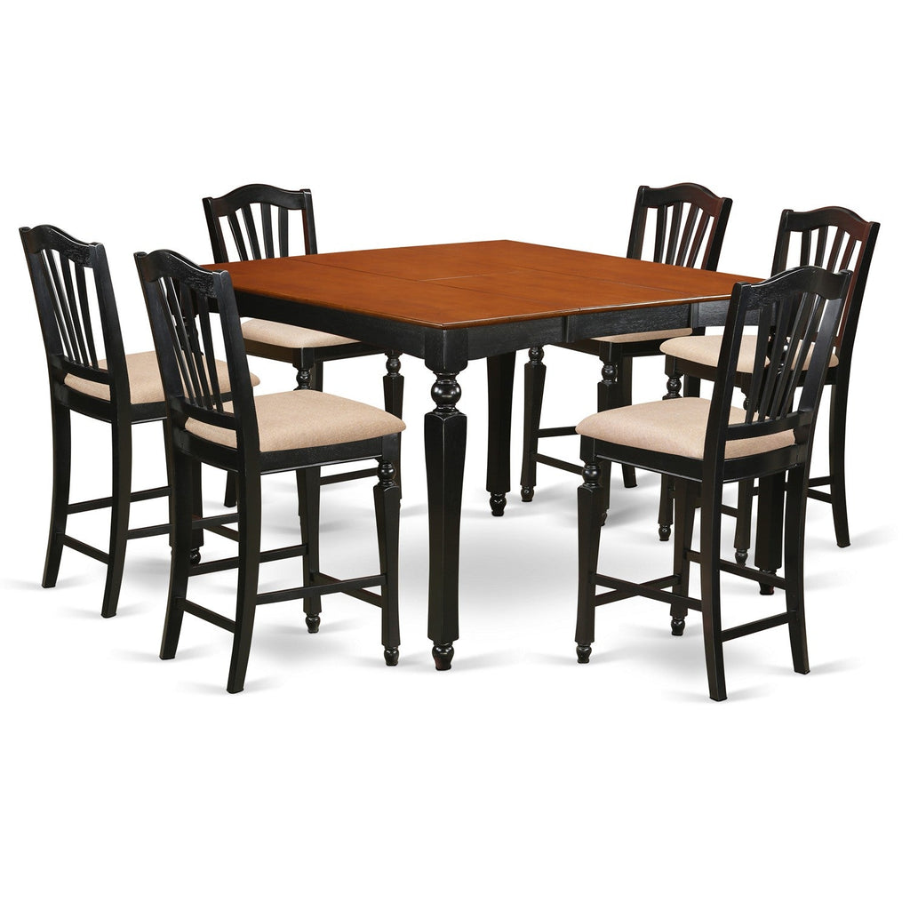 East West Furniture CHEL7-BLK-C 7 Piece Counter Height Dining Table Set Consist of a Square Kitchen Table with Butterfly Leaf and 6 Linen Fabric Upholstered Chairs, 54x54 Inch, Black & Cherry
