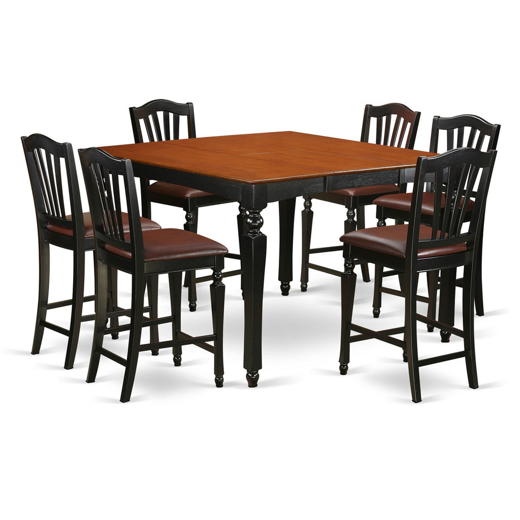 East West Furniture CHEL7-BLK-LC 7 Piece Kitchen Counter Set Consist of a Square Dining Table with Butterfly Leaf and 6 Faux Leather Dining Room Chairs, 54x54 Inch, Black & Cherry