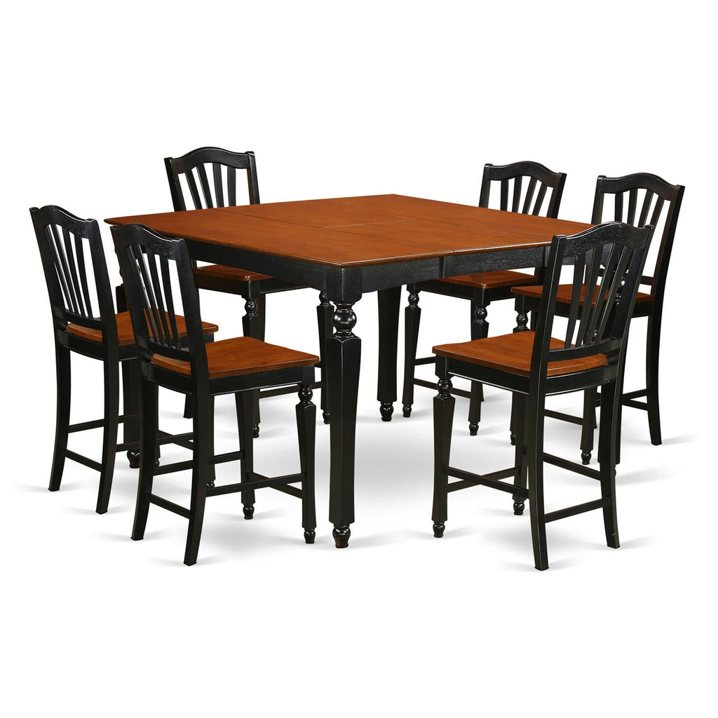 East West Furniture CHEL7-BLK-W 7 Piece Counter Height Pub Set Consist of a Square Dining Table with Butterfly Leaf and 6 Dining Room Chairs