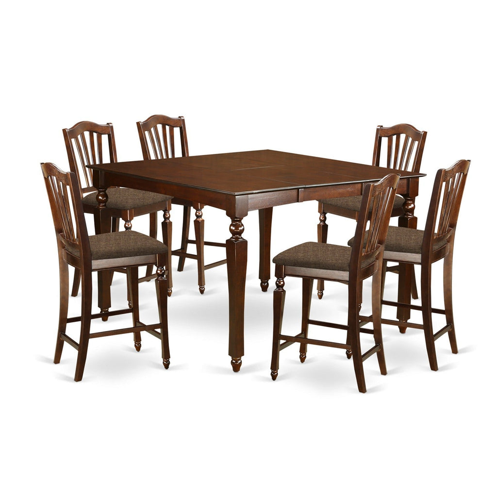 East West Furniture CHEL7-MAH-C 7 Piece Counter Height Dining Set  Consist of a Square Dining Room Table with Butterfly Leaf and 6 Linen Fabric Upholstered Chairs