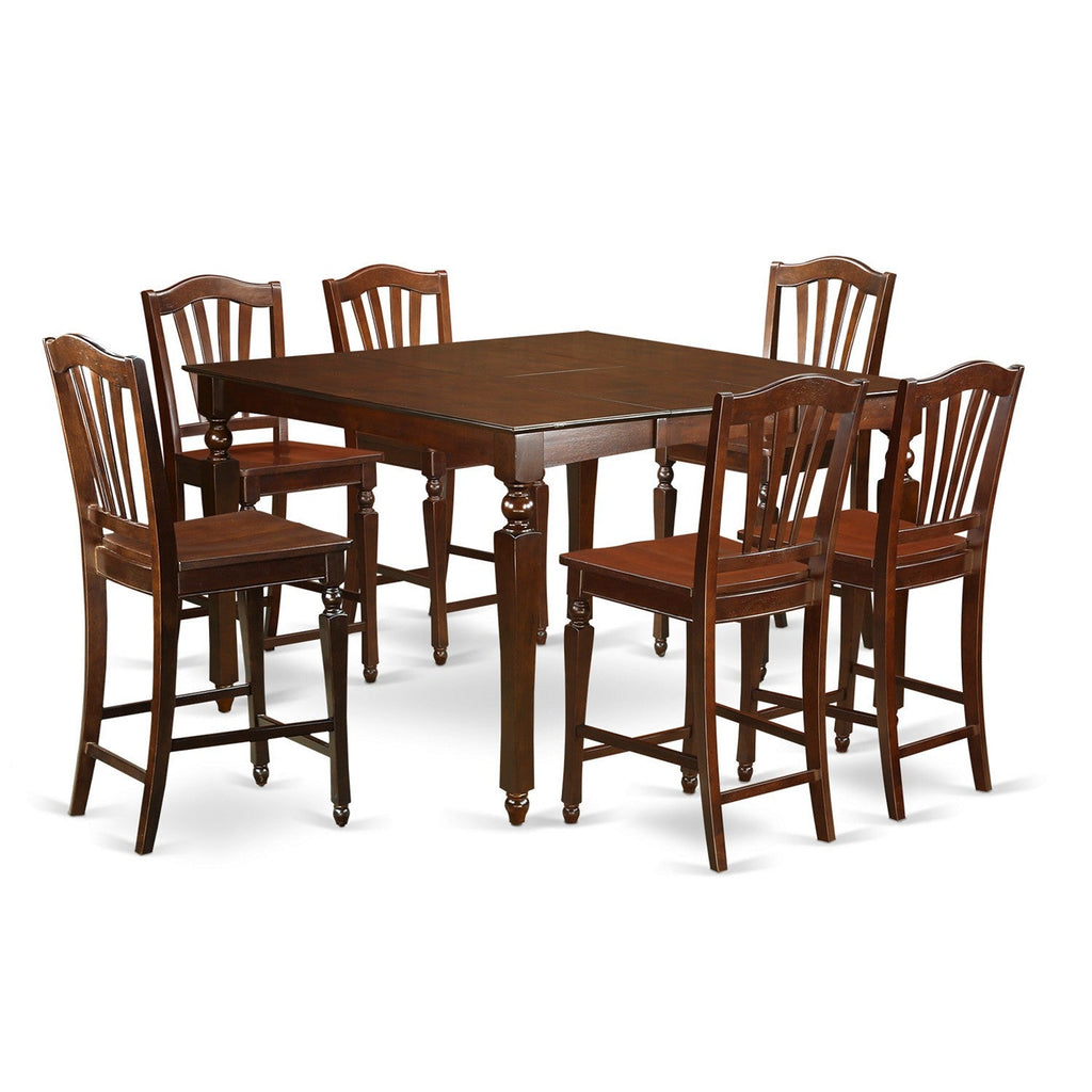 Juego de pub de 7 piezas East West Furniture CHEL7-MAH-W con altura de mostrador, compuesto por una mesa de comedor cuadrada con diseño de hojas de mariposa y 6 sillas de comedor de cocina.