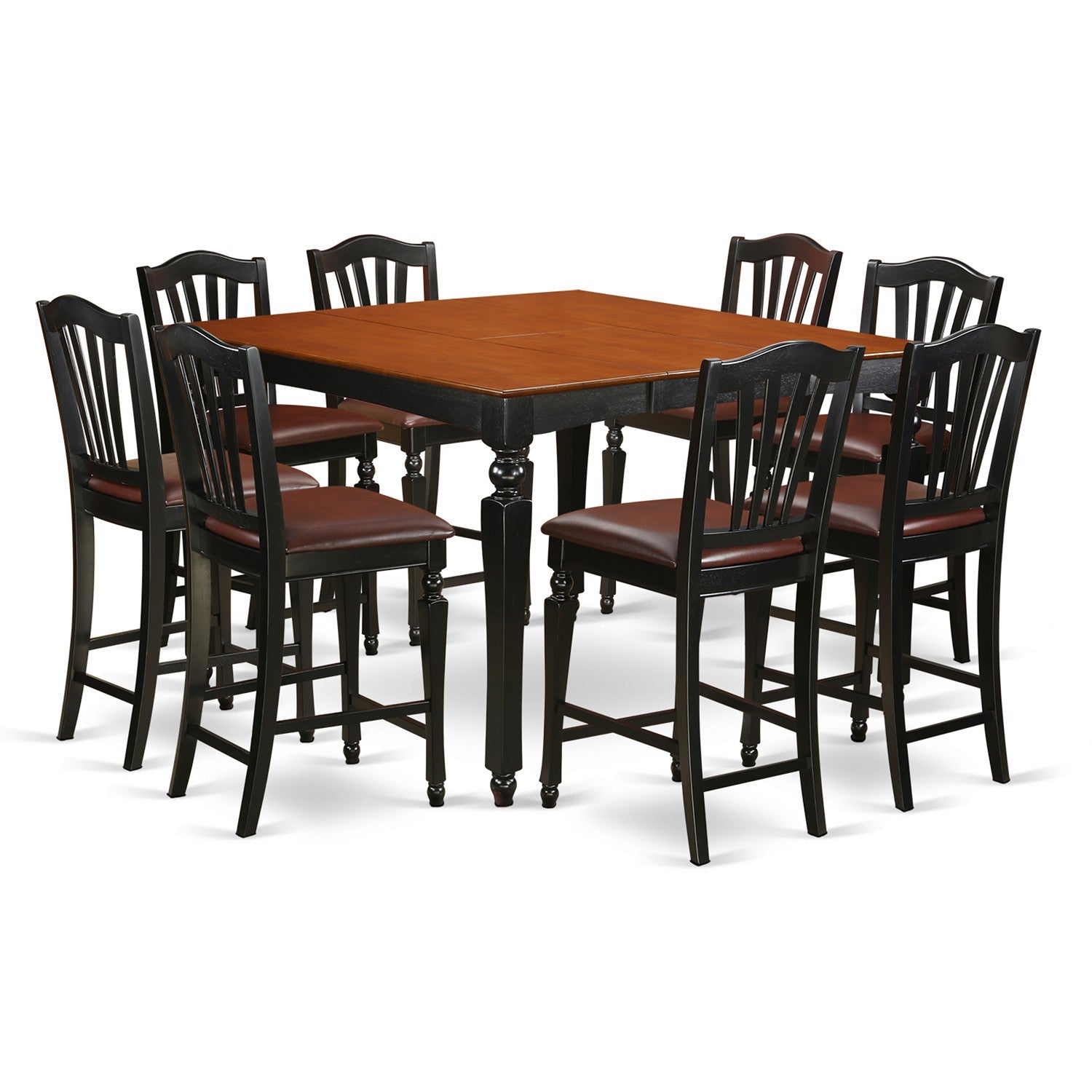 Juego de comedor de 9 piezas East West Furniture CHEL9-BLK-LC con altura de mostrador. Incluye una mesa de cocina cuadrada con diseño de hojas de mariposa y 8 sillas de comedor de cuero sintético.