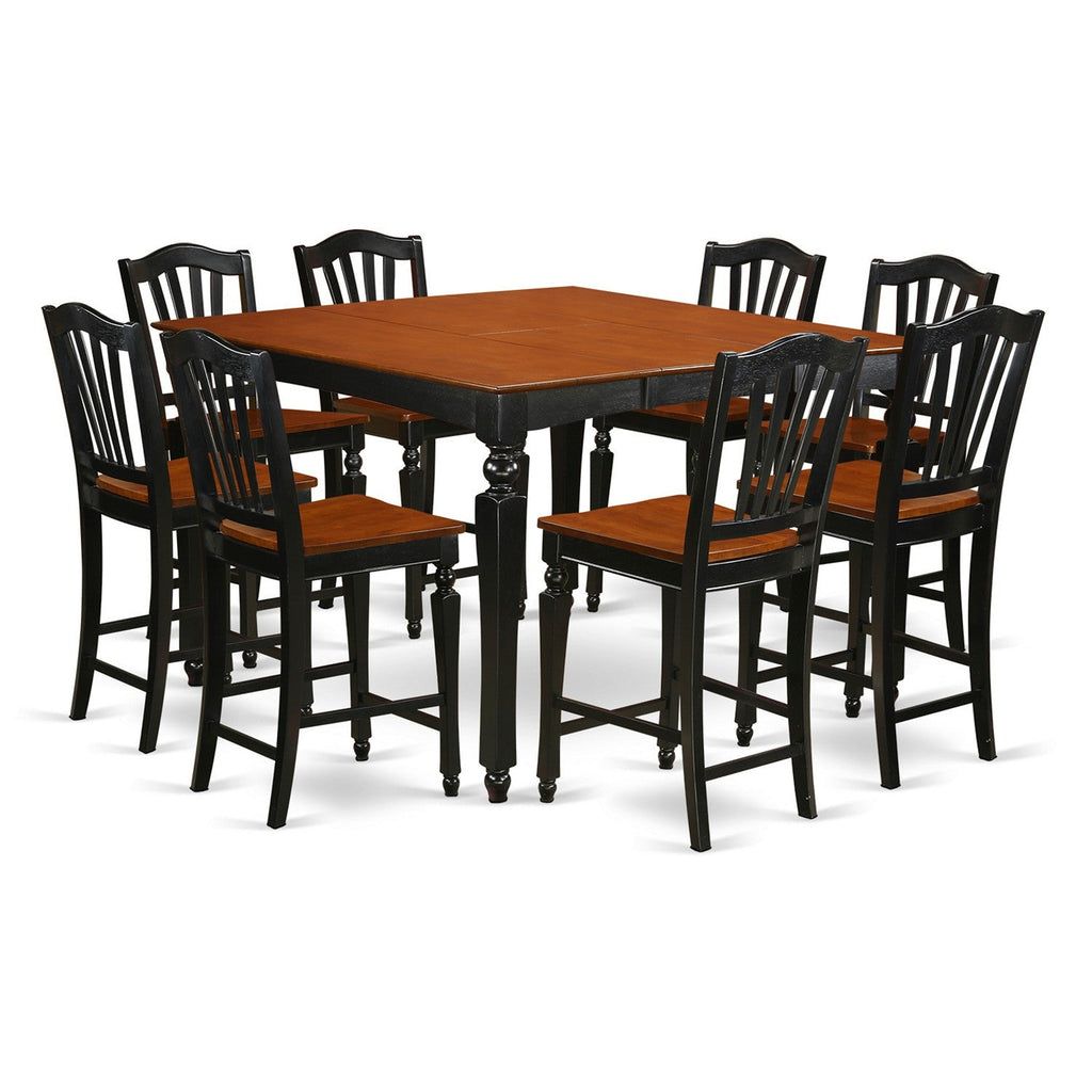 East West Furniture CHEL9-BLK-W 9 Piece Kitchen Counter Height Dining Table Set  Includes a Square Wooden Table with Butterfly Leaf and 8 Dining Chairs