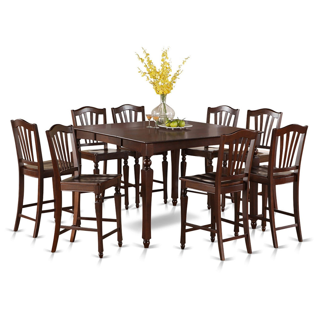 Juego de mesa de comedor de 9 piezas East West Furniture CHEL9-MAH-W con altura de mostrador. Incluye una mesa de cocina cuadrada con diseño de hojas de mariposa y 8 sillas de comedor.