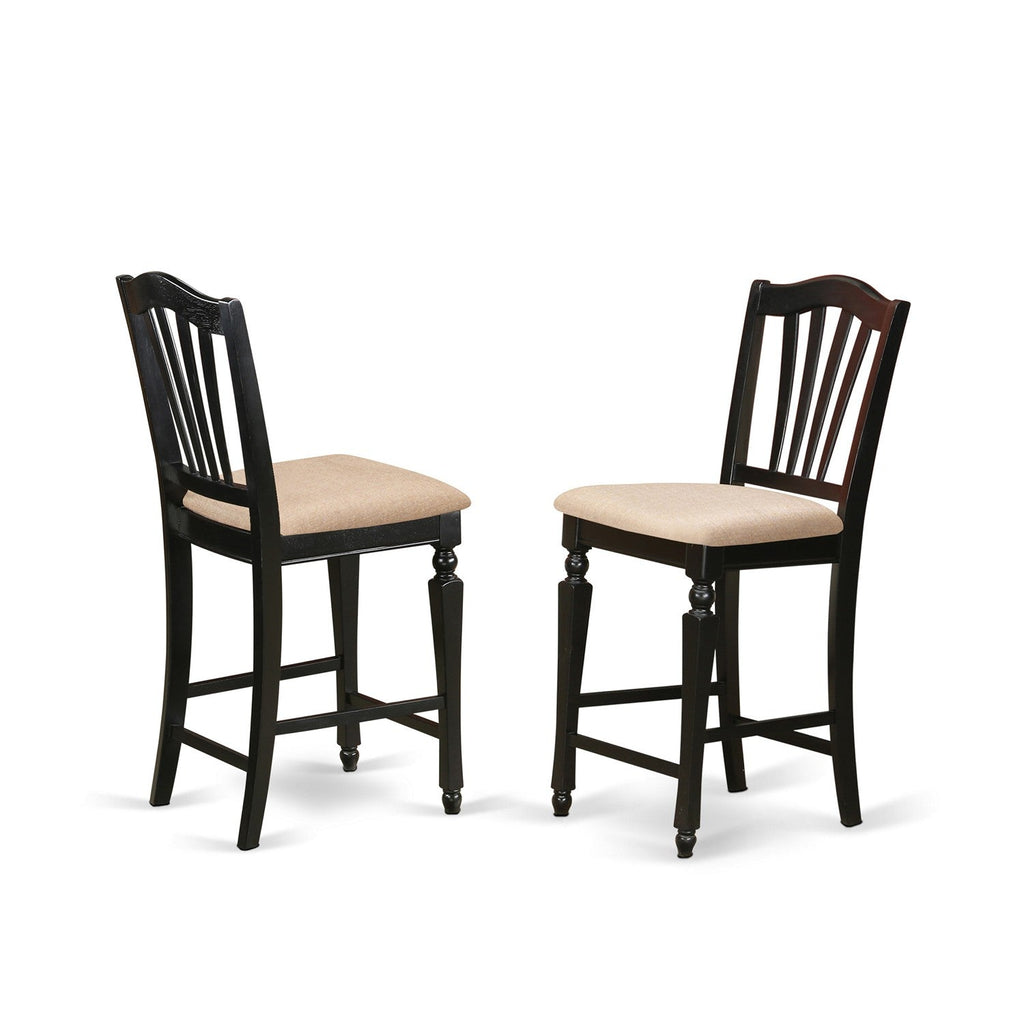East West Furniture JACH3-BLK-C 3 Piece Counter Height Dining Table Set Contains a Round Wooden Table with Pedestal and 2 Linen Fabric Kitchen Dining Chairs, 36x36 Inch, Black & Cherry