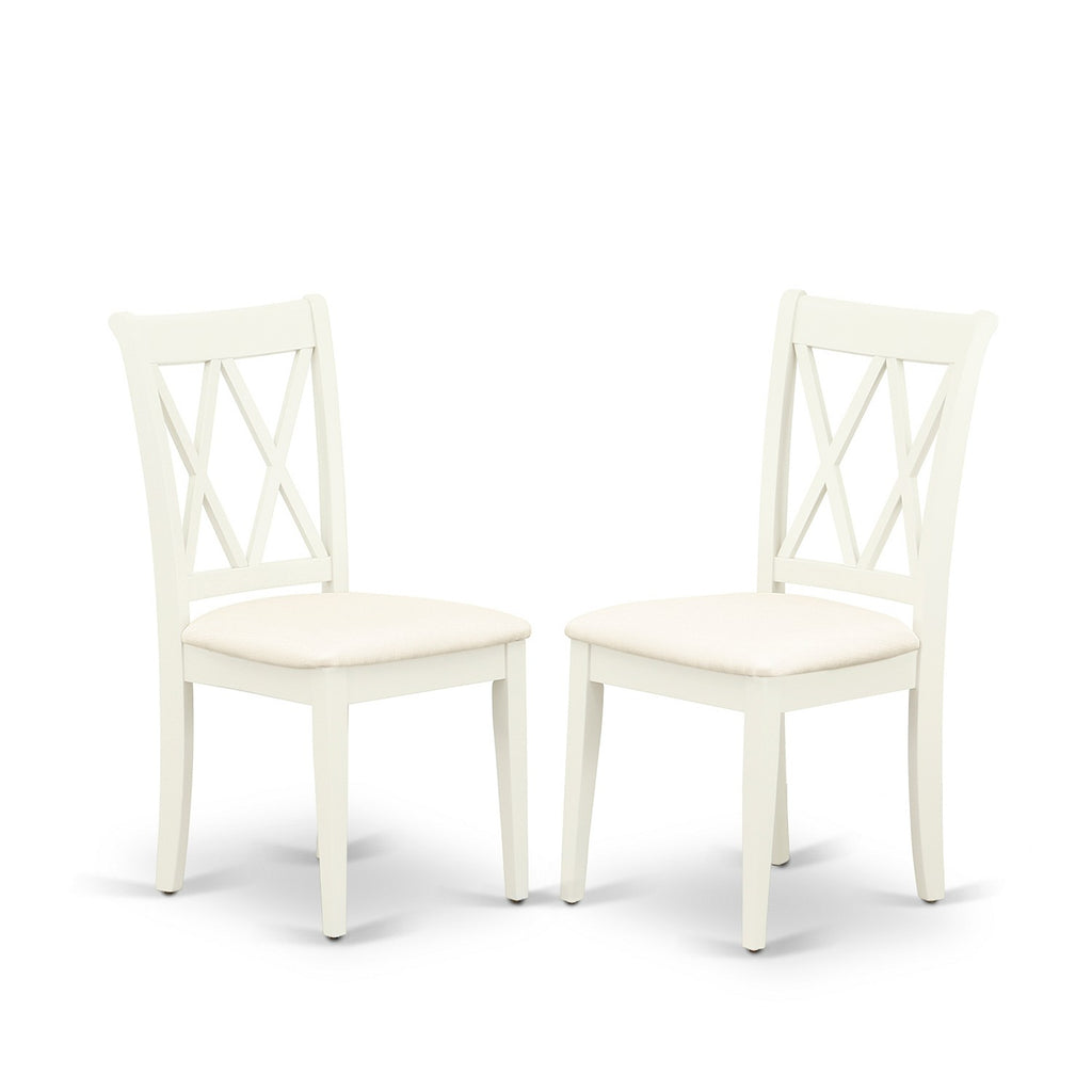 East West Furniture ANCL3-LWH-C 3 Piece  Dining Table Set for Small Spaces Contains a Round Kitchen Table with Pedestal and 2 Linen Fabric Dining Room Chairs, 36x36 Inch, Linen White