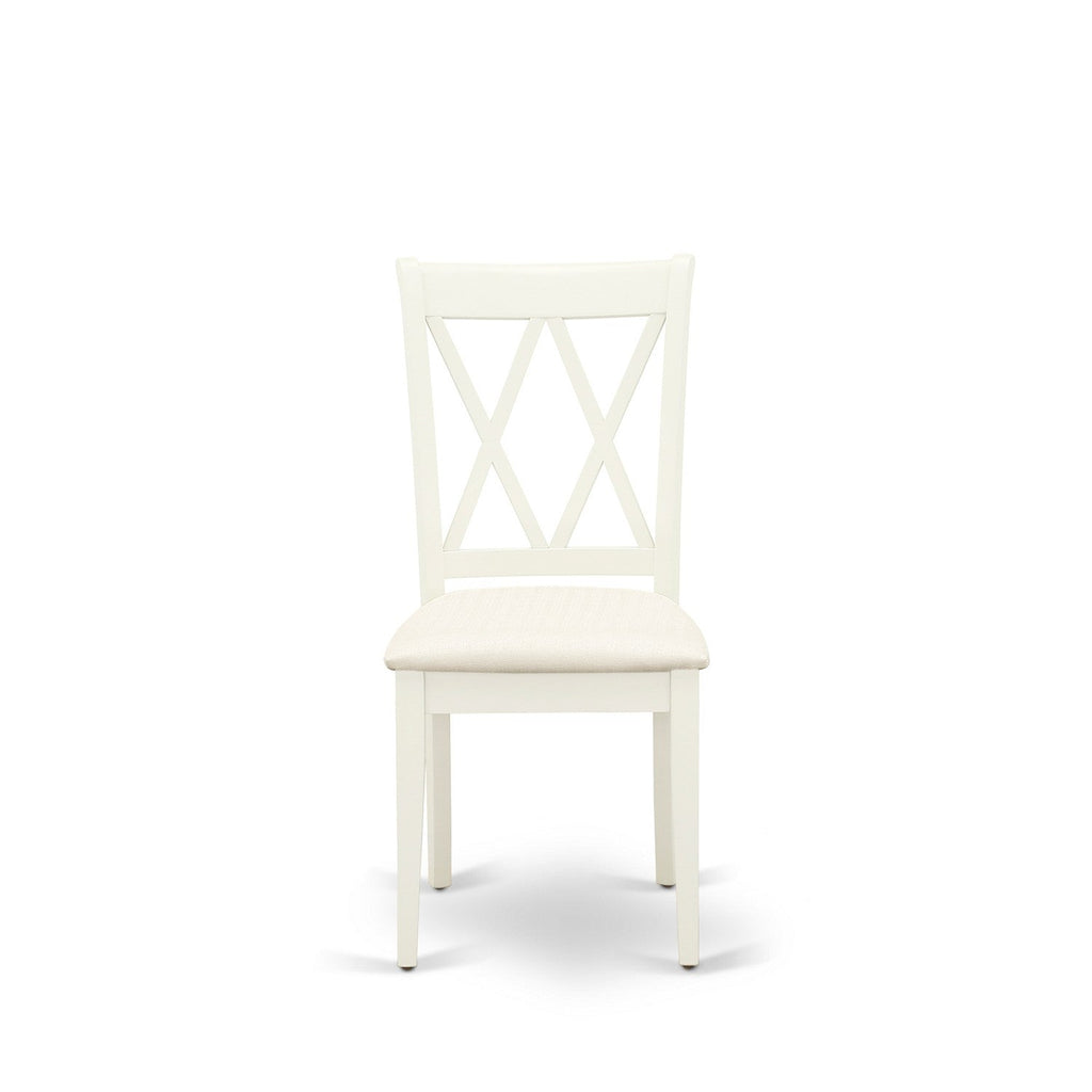 Juego de comedor de 5 piezas East West Furniture AVCL5-LWH-C. Incluye una mesa de comedor ovalada con hojas de mariposa y 4 sillas tapizadas en tela de lino.
