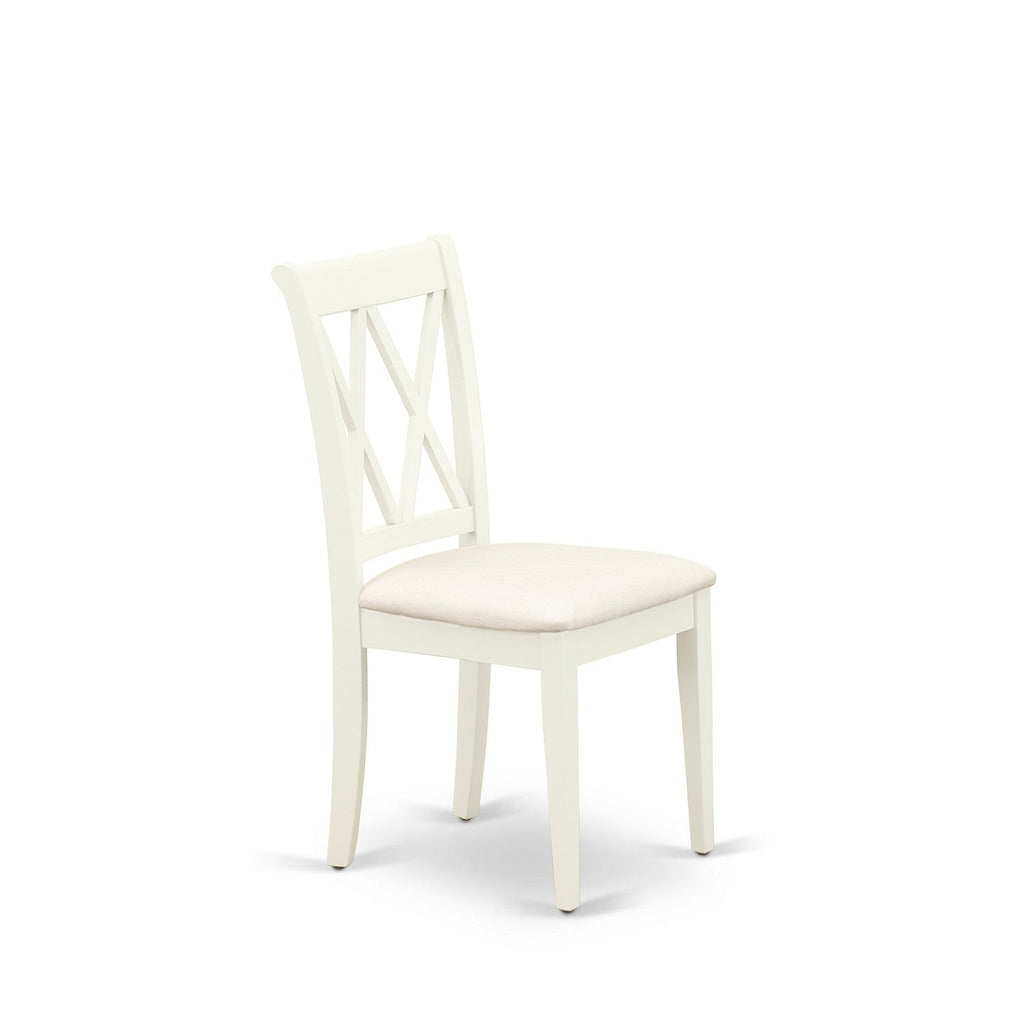 Juego de comedor de 5 piezas East West Furniture AVCL5-LWH-C. Incluye una mesa de comedor ovalada con hojas de mariposa y 4 sillas tapizadas en tela de lino.