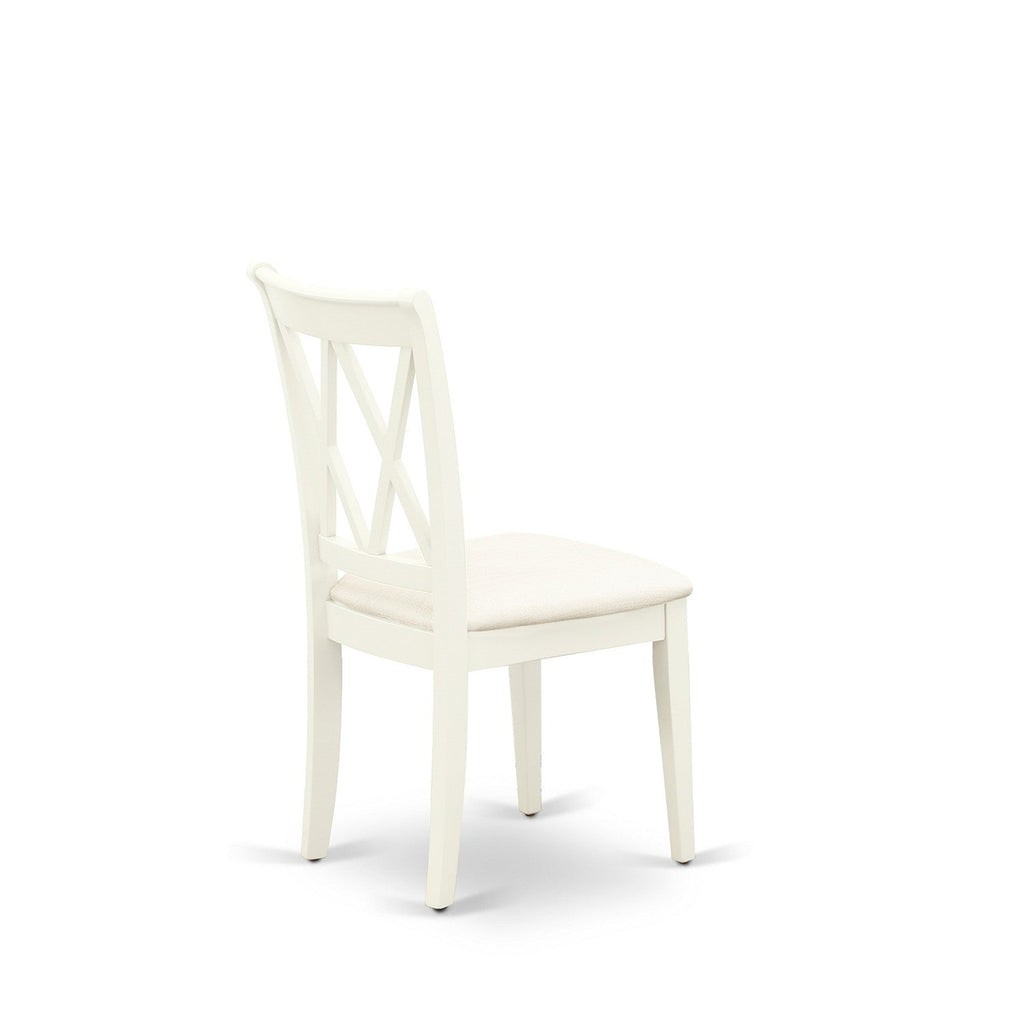 Juego de comedor de 5 piezas East West Furniture DOCL5-LWH-C para 4 personas. Incluye una mesa de comedor rectangular con diseño de hojas de mariposa y 4 sillas de comedor de tela de lino.