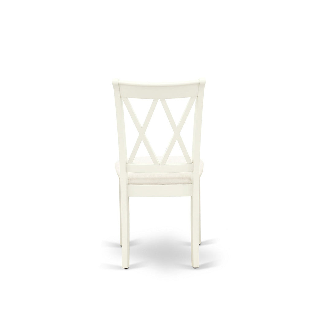 Juego de comedor de 5 piezas East West Furniture DOCL5-LWH-C para 4 personas. Incluye una mesa de comedor rectangular con diseño de hojas de mariposa y 4 sillas de comedor de tela de lino.
