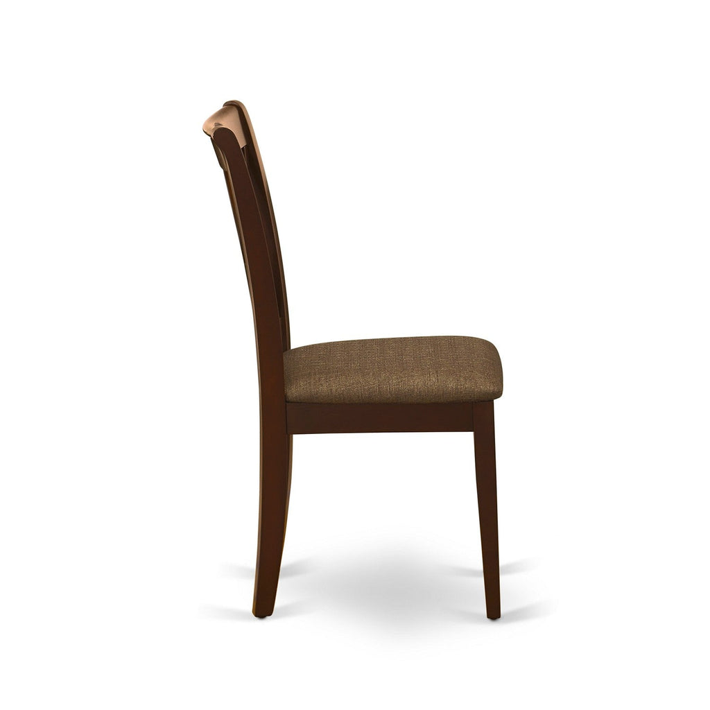 Juego de mesa y sillas de cocina de 9 piezas DOCL9-MAH-C de East West Furniture. Incluye una mesa de comedor rectangular con diseño de hojas de mariposa y 8 sillas de comedor de tela de lino.