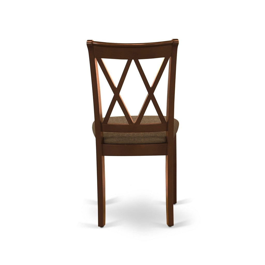 Juego de mesa y sillas de cocina de 9 piezas DOCL9-MAH-C de East West Furniture. Incluye una mesa de comedor rectangular con diseño de hojas de mariposa y 8 sillas de comedor de tela de lino.