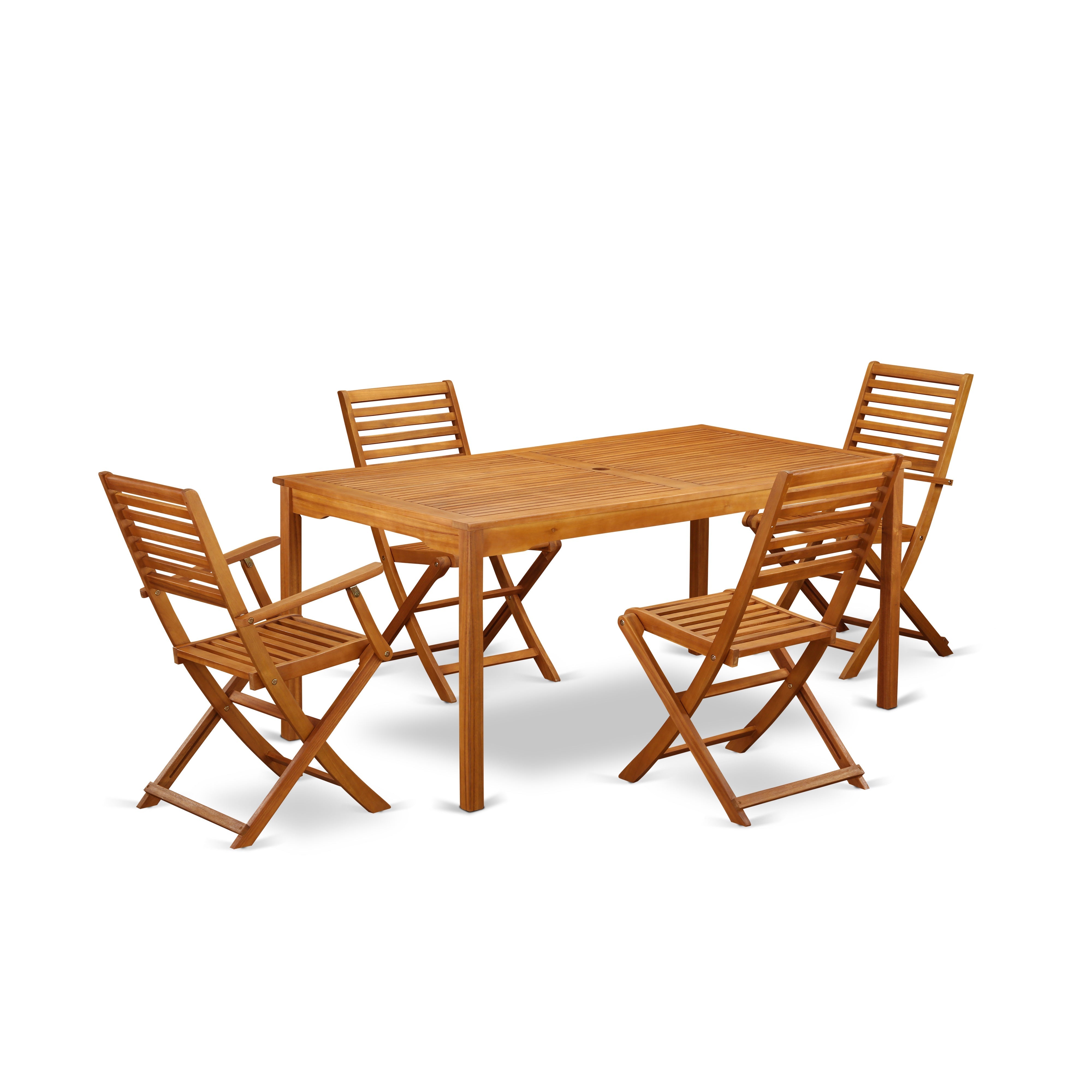 Juego de comedor para patio East West Furniture CMBS52CANA de 5 piezas. Incluye una mesa rectangular de madera de acacia para exteriores y 2 sillas plegables con 2 sillas laterales.