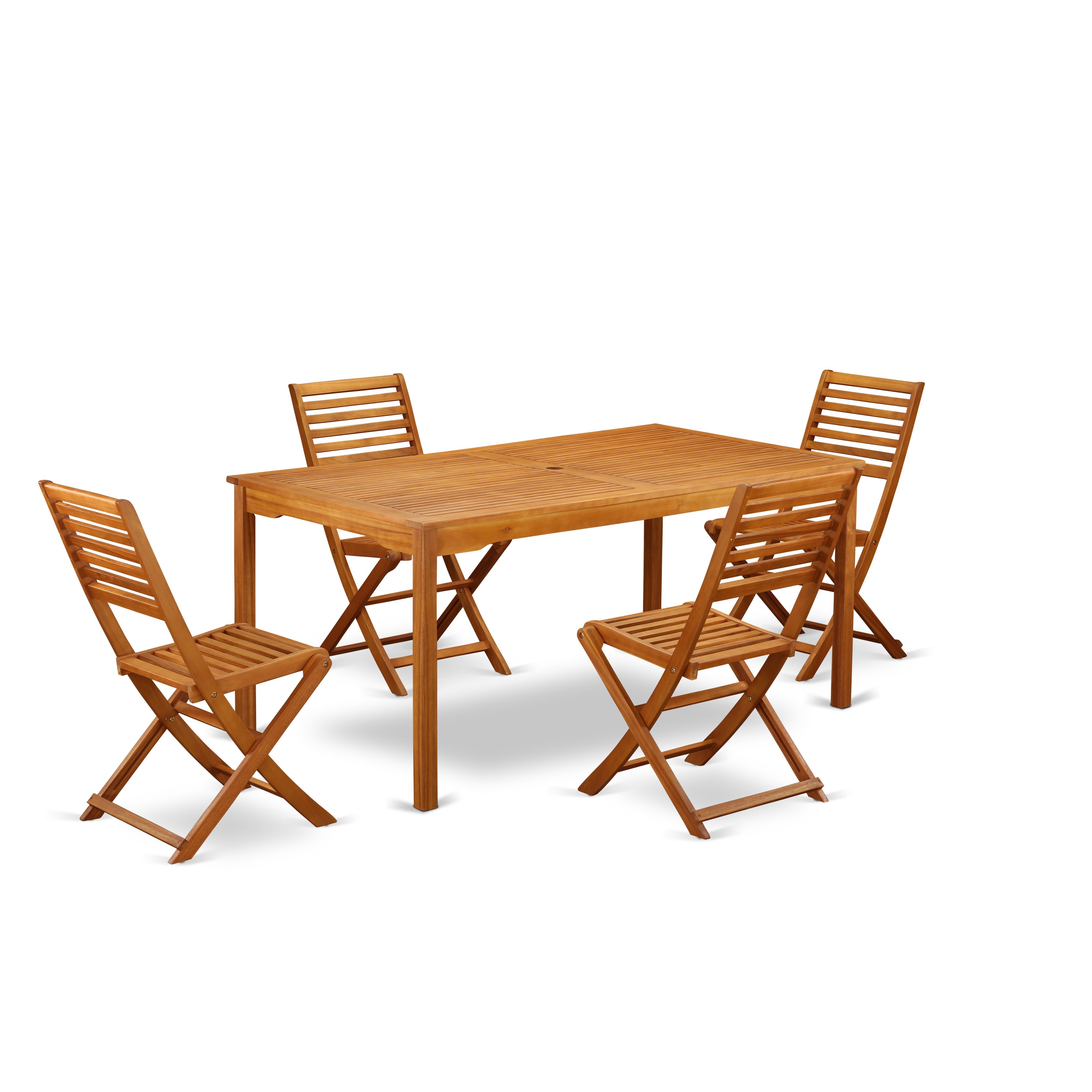 Juego de mesa de jardín para patio de 5 piezas East West Furniture CMBS5CWNA Incluye una mesa de comedor rectangular de madera de acacia para exteriores y 4 sillas laterales plegables