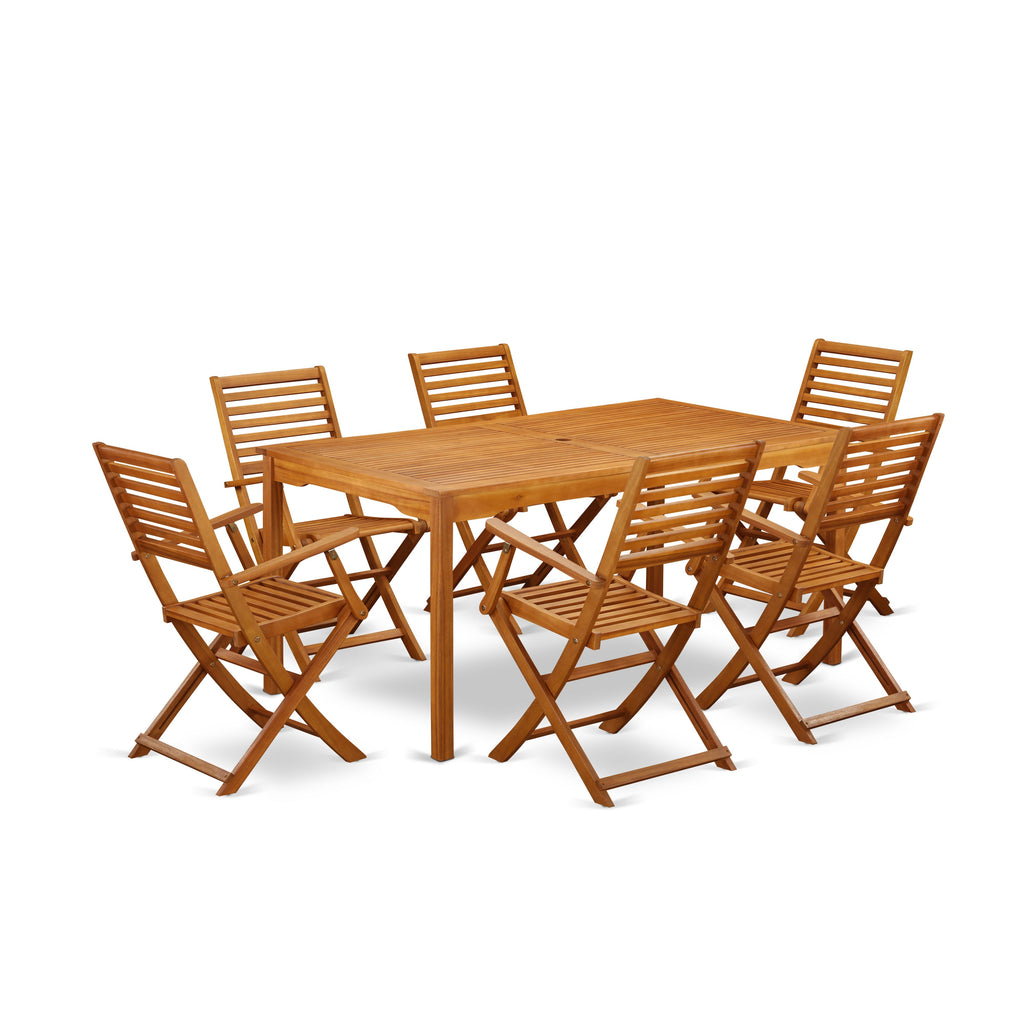 East West Furniture CMBS7CANA 7 Piece Outdoor Patio Dining Sets Consist of a Rectangle Acacia Wood Table and 6 Folding Arm Chairs