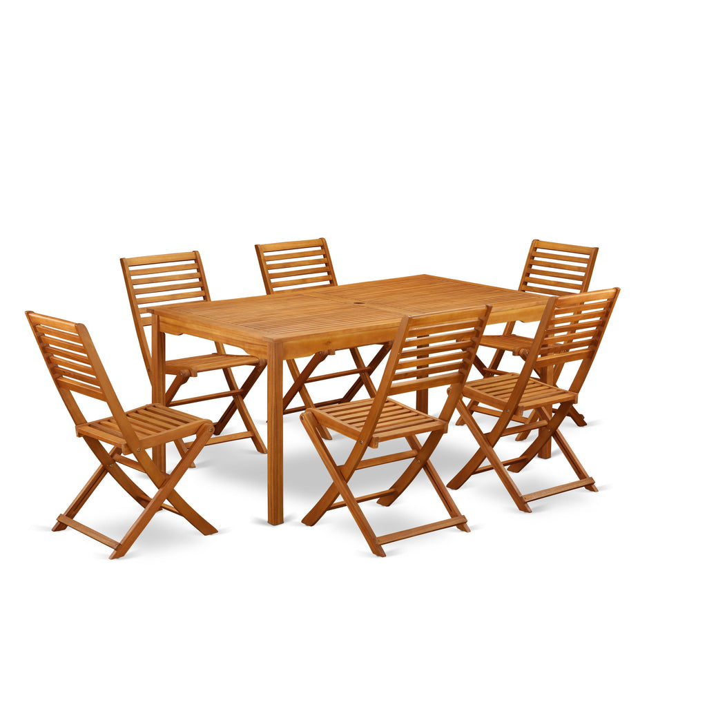 East West Furniture CMBS7CWNA 7 Piece Patio Dining Set Consist of a Rectangle Outdoor Acacia Wood Table and 6 Folding Side Chairs