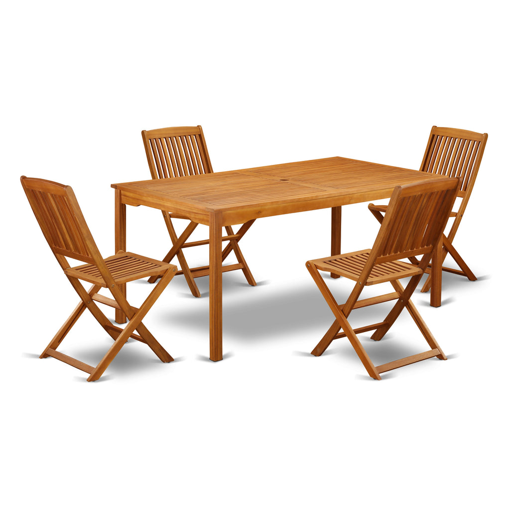 East West Furniture CMCM5CWNA 5 Piece Outdoor Patio Dining Sets Includes a Rectangle Acacia Wood Table and 4 Folding Side Chairs