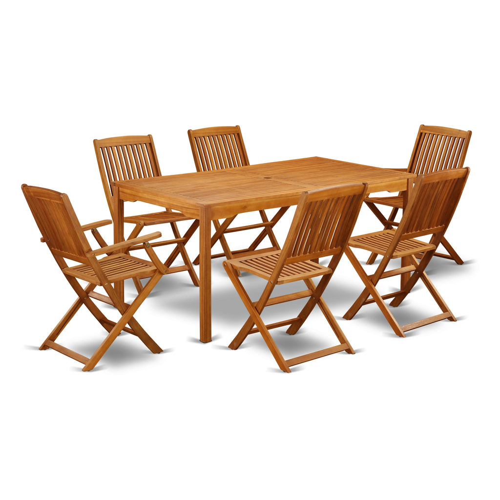 East West Furniture CMCM72CANA 7 Piece Patio Dining Set Consist of a Rectangle Outdoor Acacia Wood Table and 2 Folding Arm Chairs with 4 Side Chairs