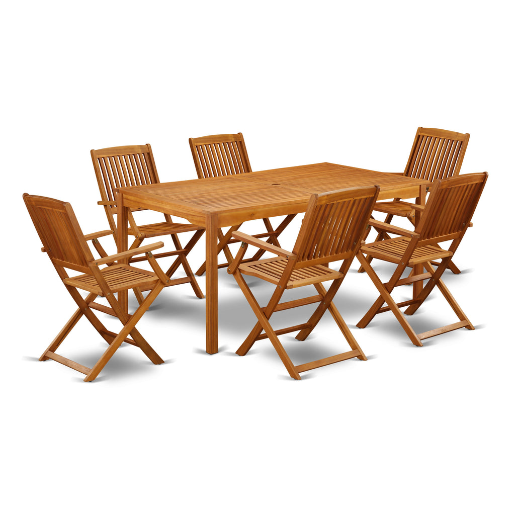 East West Furniture CMCM7CANA 7 Piece Patio Garden Table Set Consist of a Rectangle Outdoor Acacia Wood Dining Table and 6 Folding Arm Chairs