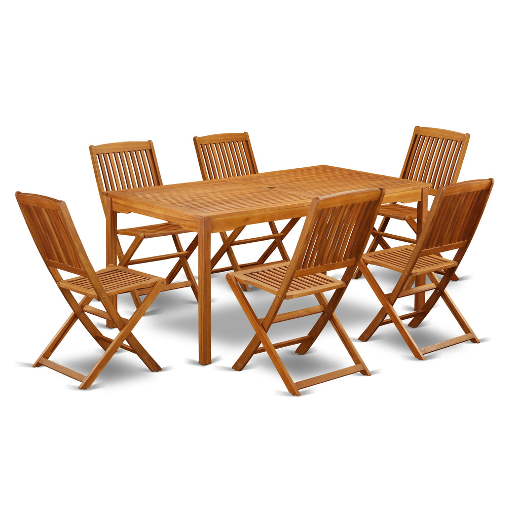 East West Furniture CMCM7CWNA 7 Piece Outdoor Patio Dining Sets Consist of a Rectangle Acacia Wood Table and 6 Folding Side Chairs, 36x66 Inch, Natural Oil