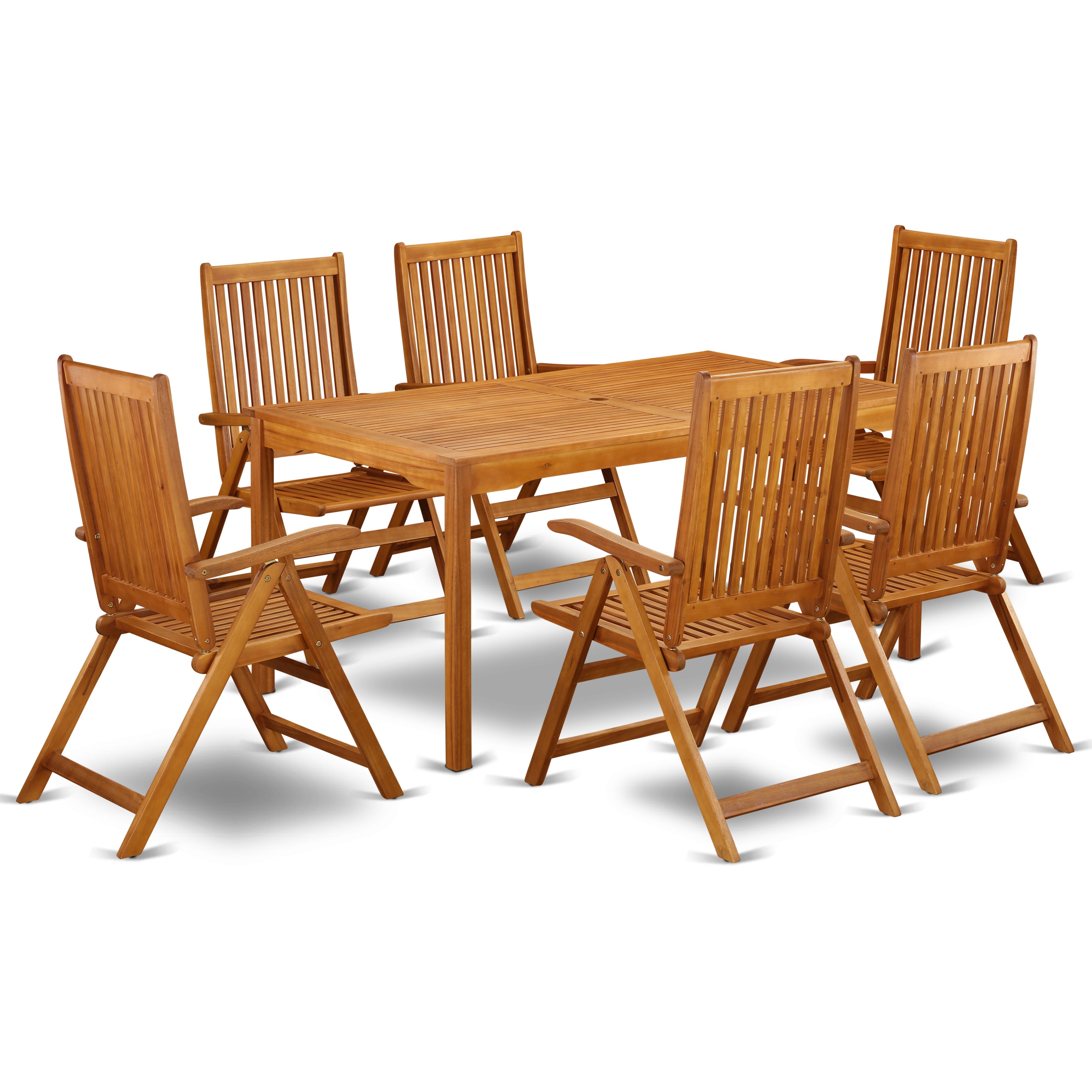 Juego de comedor estilo bistró para patio East West Furniture CMCN7NC5N de 7 piezas compuesto por una mesa rectangular de madera de acacia para exteriores y 6 sillas plegables con brazos ajustables.