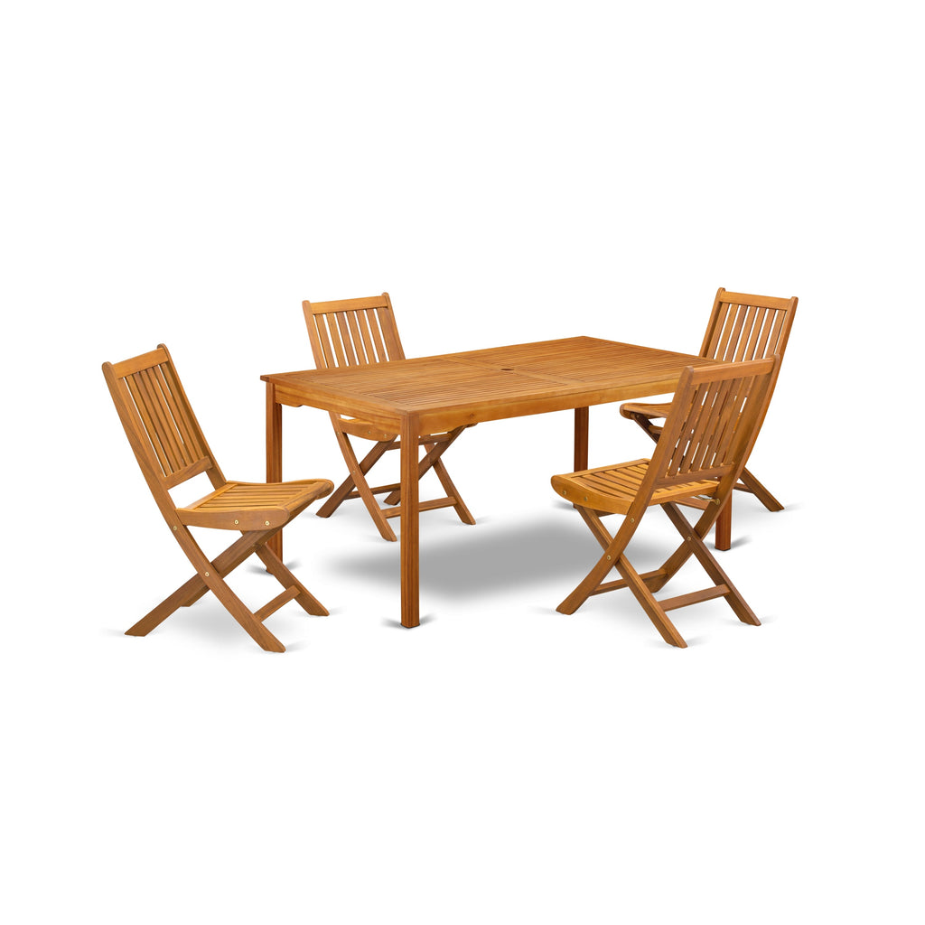 East West Furniture CMDK5CWNA 5 Piece Outdoor Patio Dining Sets Includes a Rectangle Acacia Wood Table and 4 Folding Side Chairs