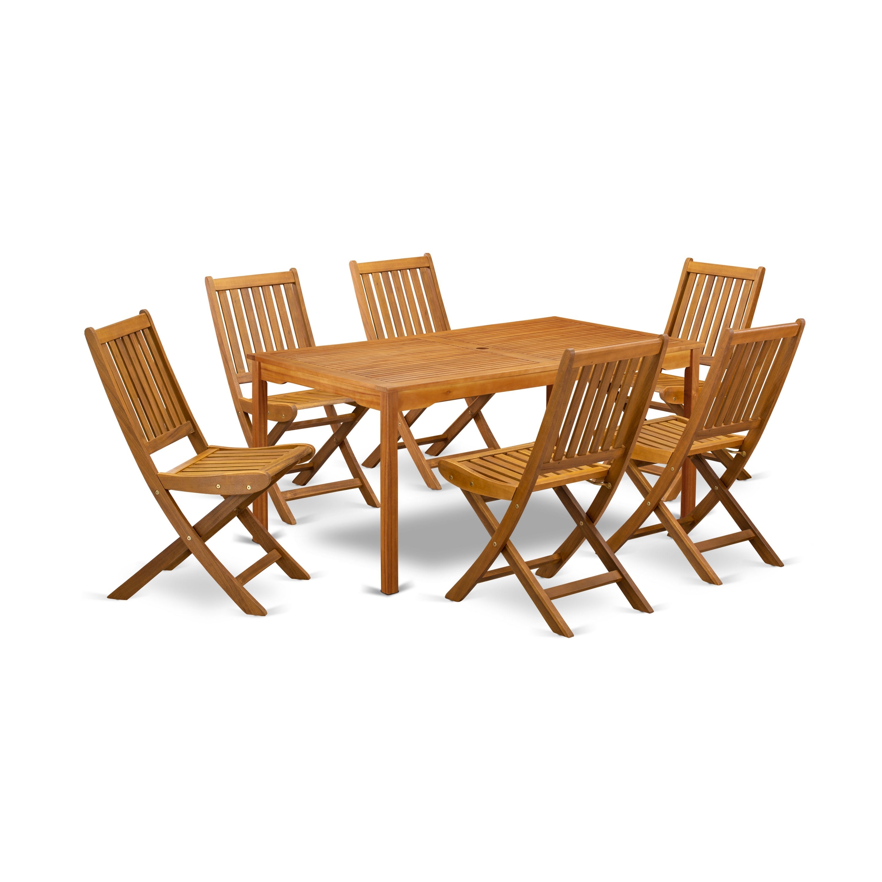 Juego de comedor para patio East West Furniture CMDK7CWNA de 7 piezas compuesto por una mesa rectangular de madera de acacia para exteriores y 6 sillas laterales plegables.