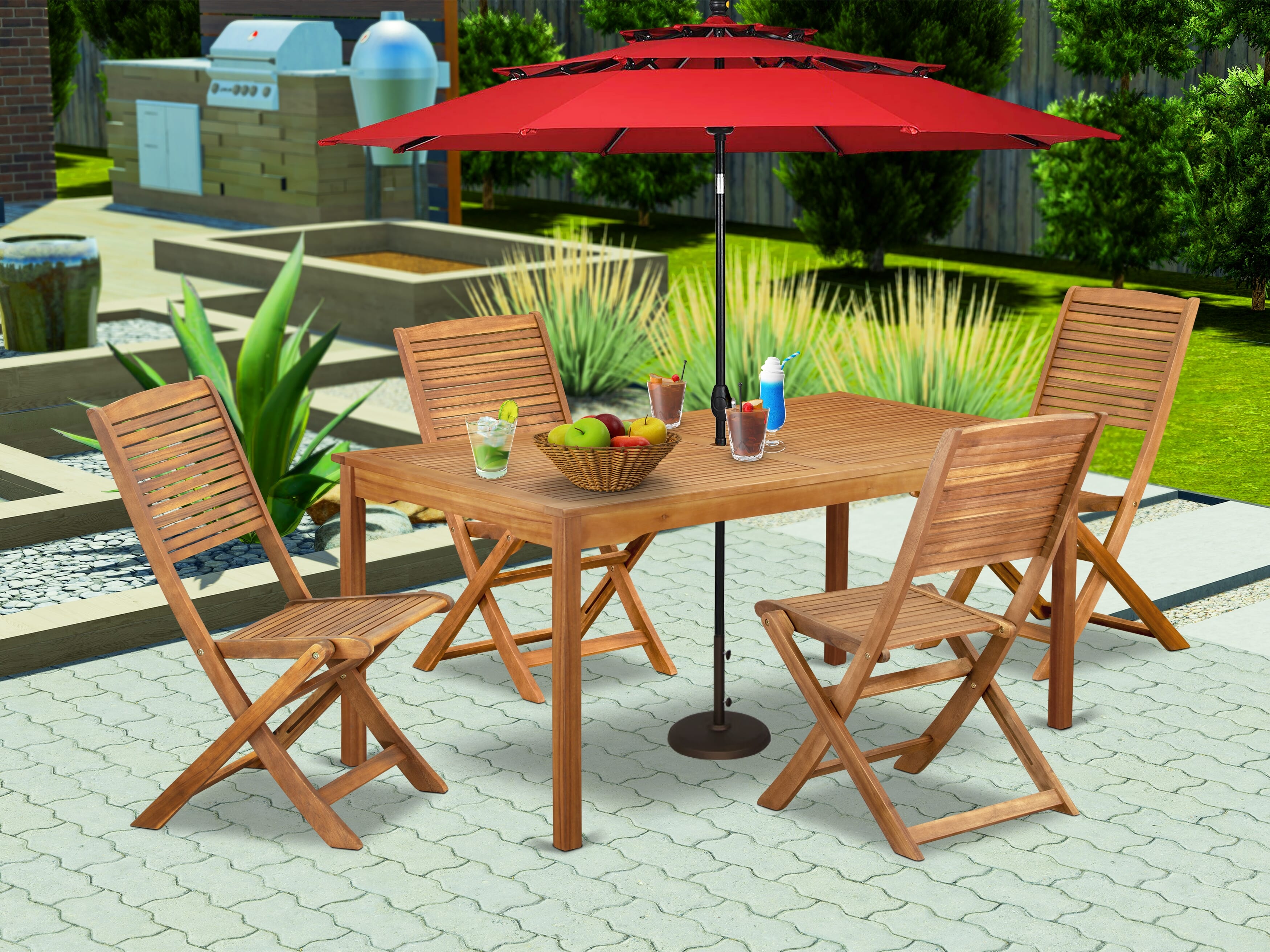 East West Furniture CMFM5CWNA 5 Piece Patio Garden Table Set Includes a Rectangle Outdoor Acacia wood Dining Table and 4 Folding Side Chairs, 36x66 Inch, Natural Oil