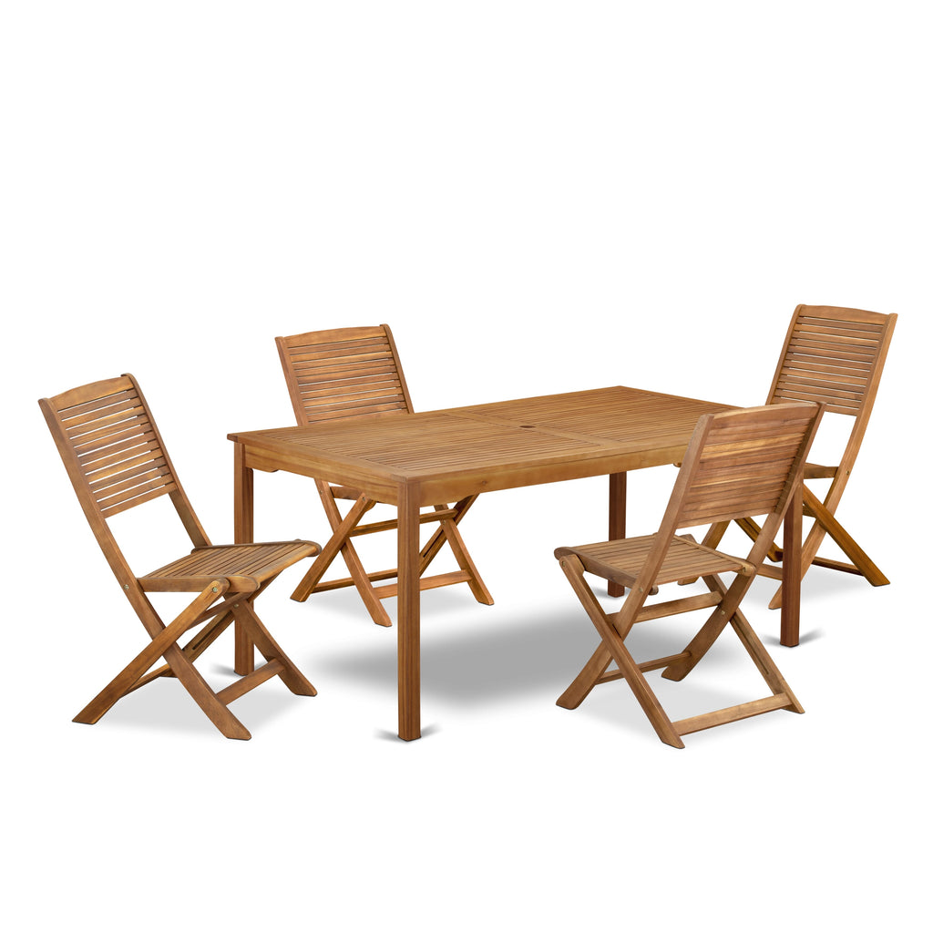 East West Furniture CMFM5CWNA 5 Piece Patio Garden Table Set Includes a Rectangle Outdoor Acacia Wood Dining Table and 4 Folding Side Chairs, 36x66 Inch, Natural Oil