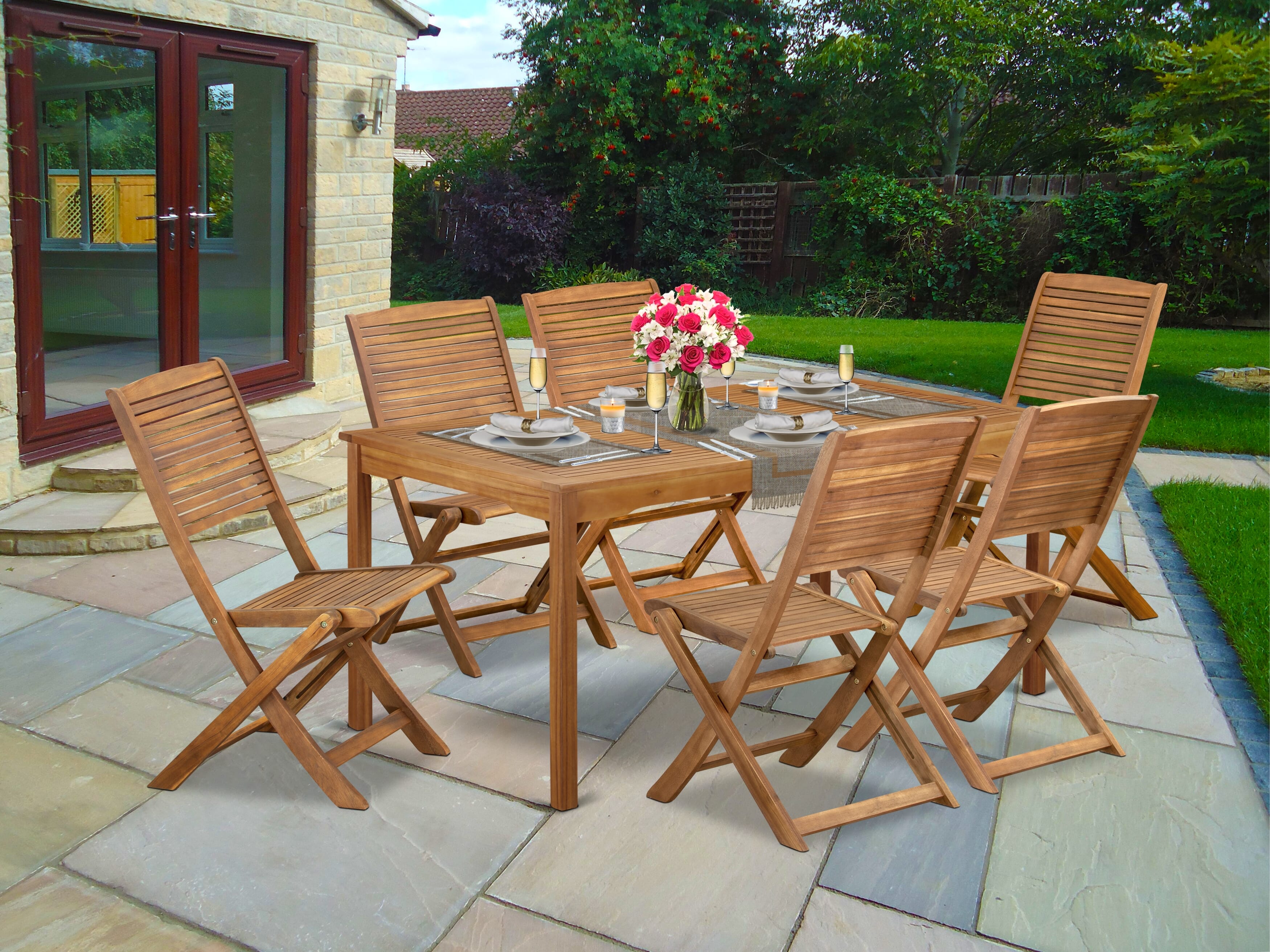 East West Furniture CMFM7CWNA 7 Piece Patio Dining Set Consist of a Rectangle Outdoor Acacia wood Table and 6 Folding Side Chairs, 36x66 Inch, Natural Oil