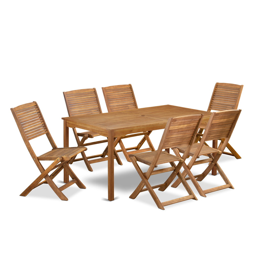 East West Furniture CMFM7CWNA 7 Piece Patio Dining Set Consist of a Rectangle Outdoor Acacia Wood Table and 6 Folding Side Chairs