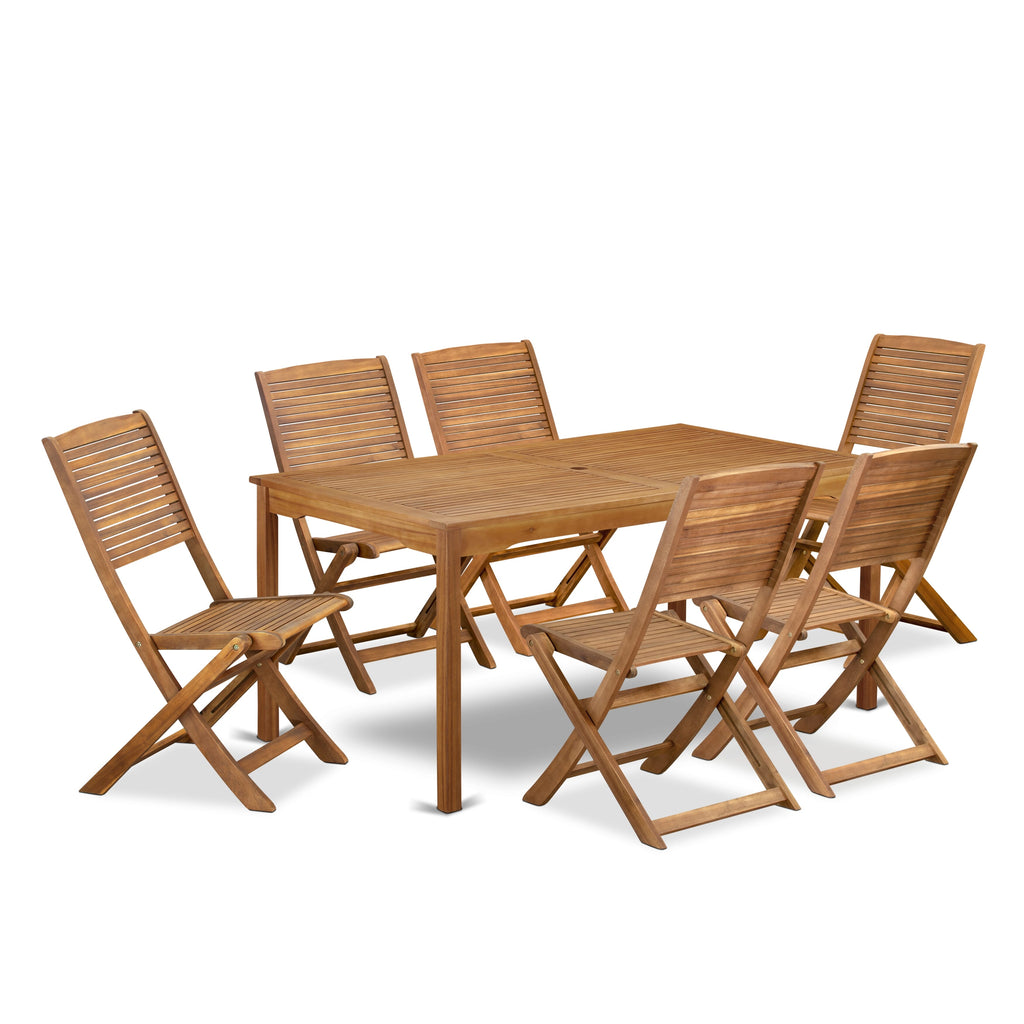 East West Furniture CMFM7CWNA 7 Piece Patio Dining Set Consist of a Rectangle Outdoor Acacia Wood Table and 6 Folding Side Chairs, 36x66 Inch, Natural Oil