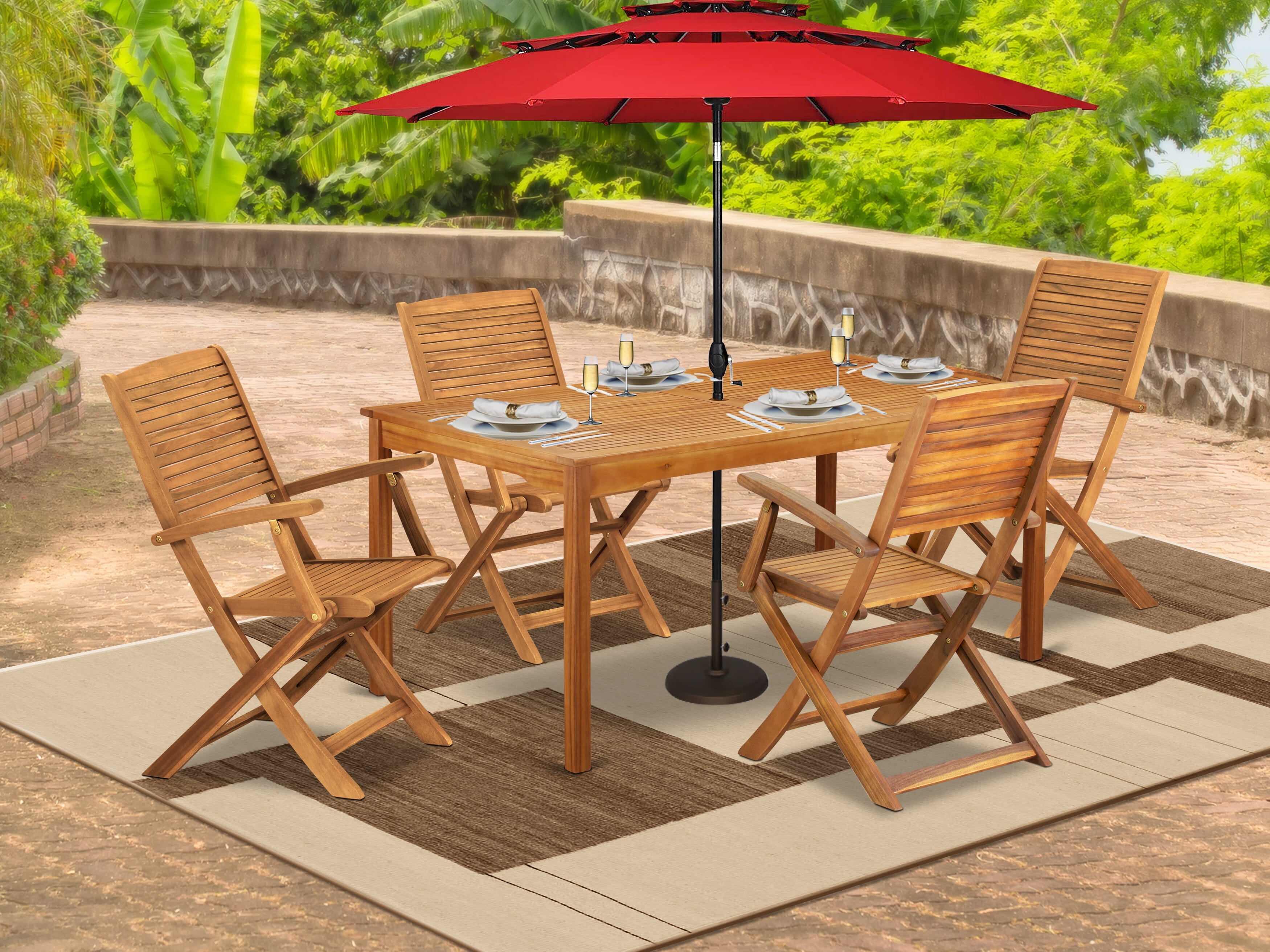 East West Furniture CMHD5CANA 5 Piece Patio Bistro Dining Furniture Set Contains a Rectangle Outdoor Acacia wood Table and 4 Folding Arm Chairs, 36x66 Inch, Natural Oil