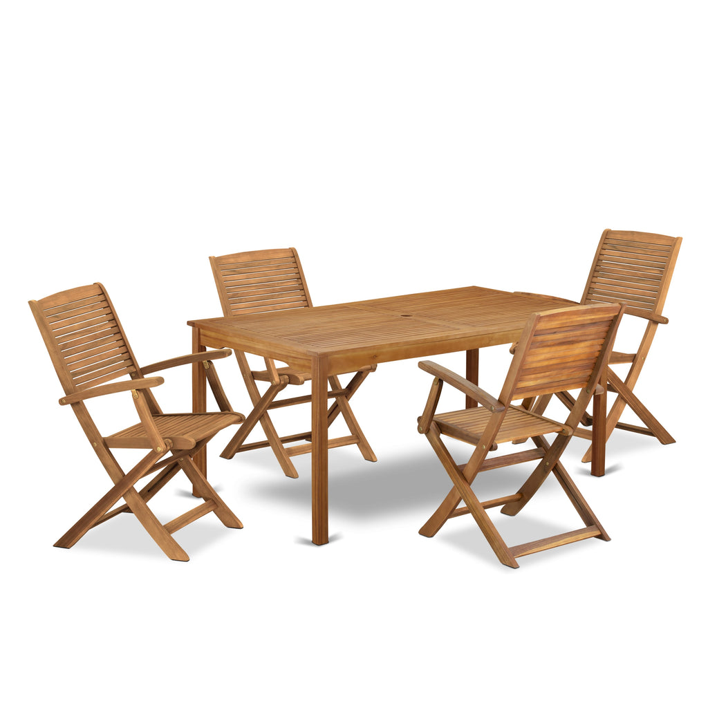 East West Furniture CMHD5CANA 5 Piece Patio Bistro Dining Furniture Set Contains a Rectangle Outdoor Acacia Wood Table and 4 Folding Arm Chairs, 36x66 Inch, Natural Oil