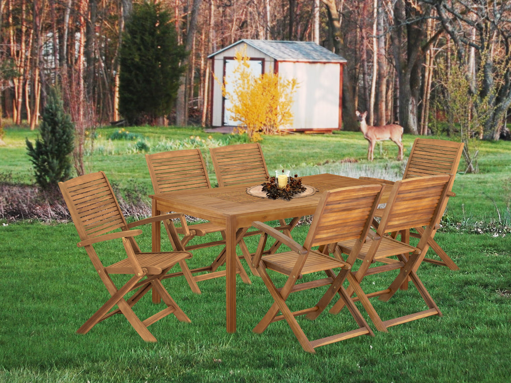 East West Furniture CMHD7CANA 7 Piece Outdoor Patio Dining Sets Includes a Rectangle Acacia Wood Table and 6 Folding Arm Chairs