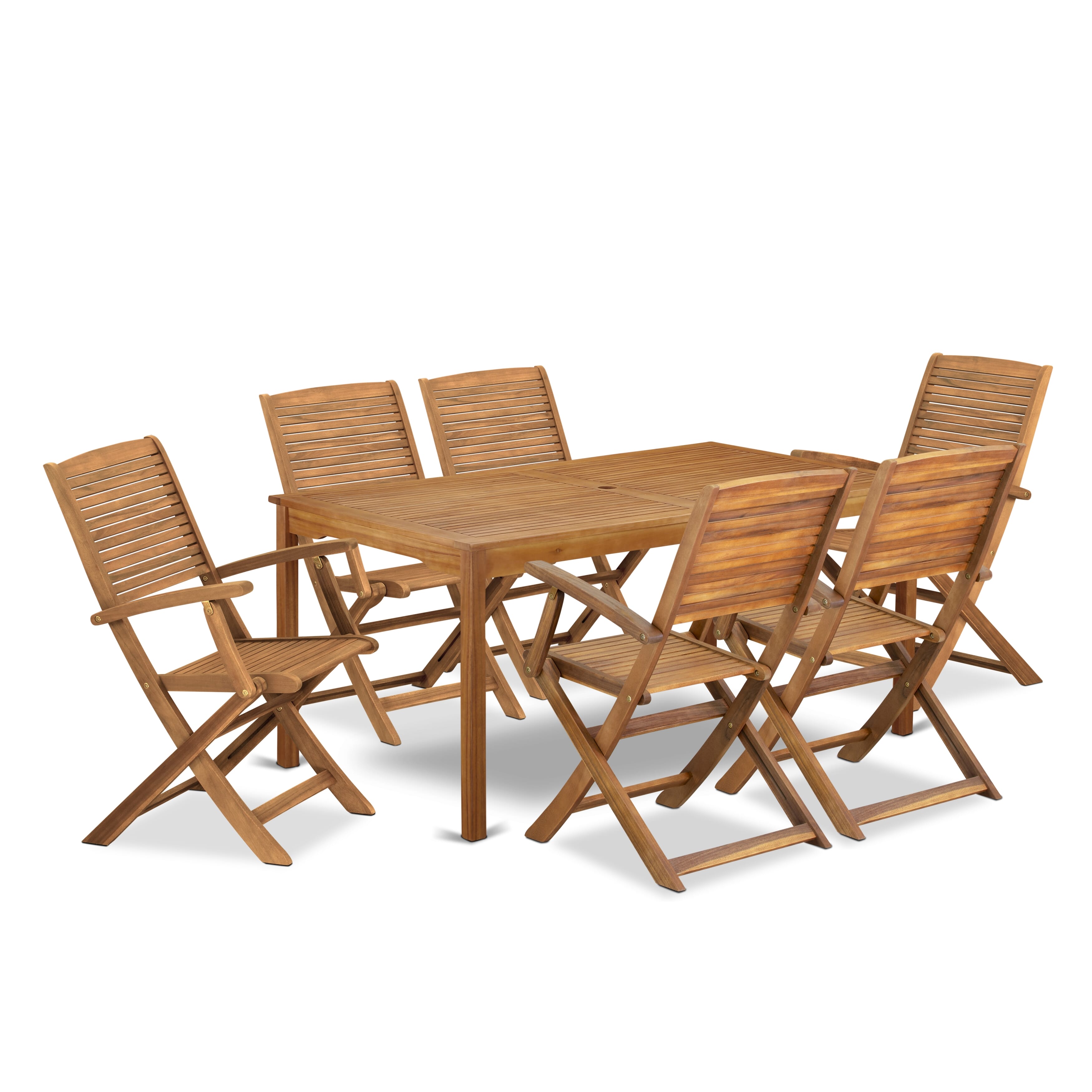 East West Furniture CMHD7CANA 7 Piece Outdoor Patio Dining SetsIncludes a Rectangle Acacia wood Table and 6 Folding Arm Chairs, 36x66 Inch, Natural Oil