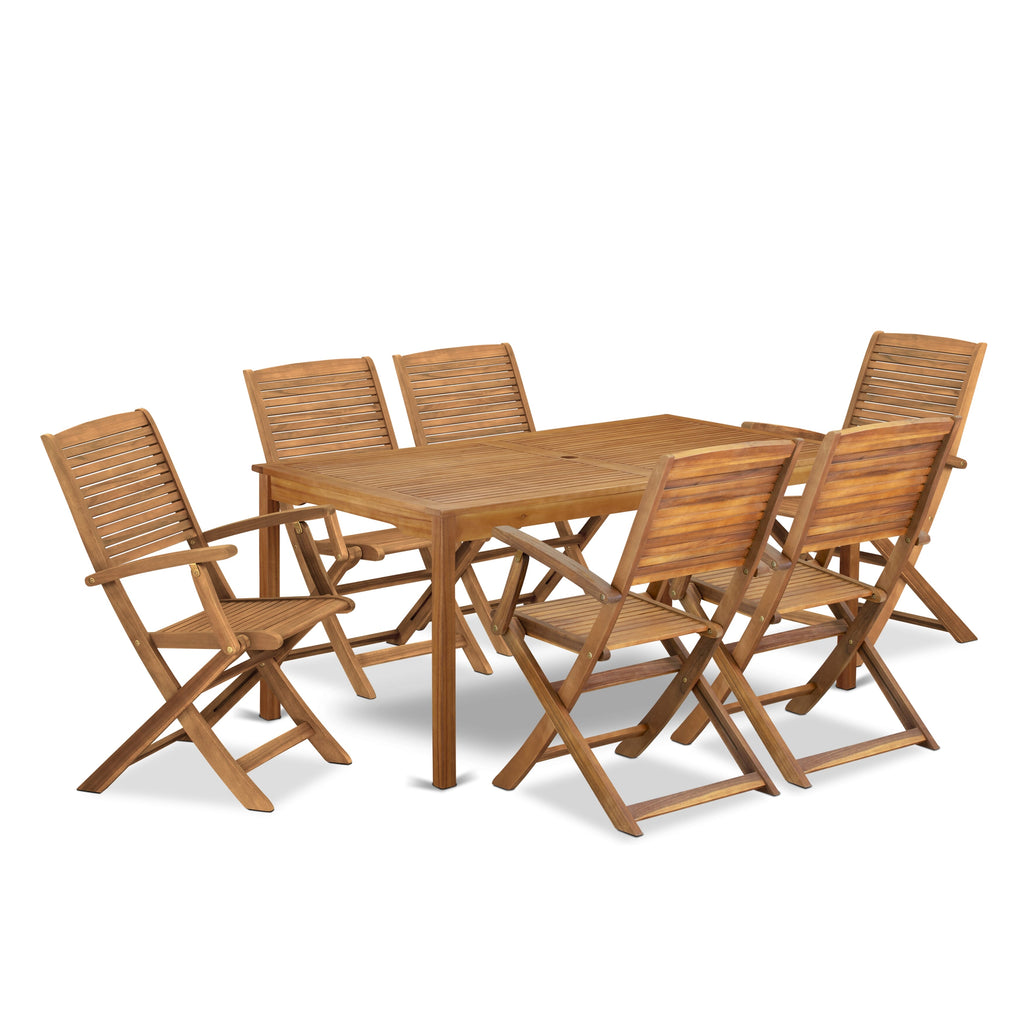 East West Furniture CMHD7CANA 7 Piece Outdoor Patio Dining Sets Includes a Rectangle Acacia Wood Table and 6 Folding Arm Chairs
