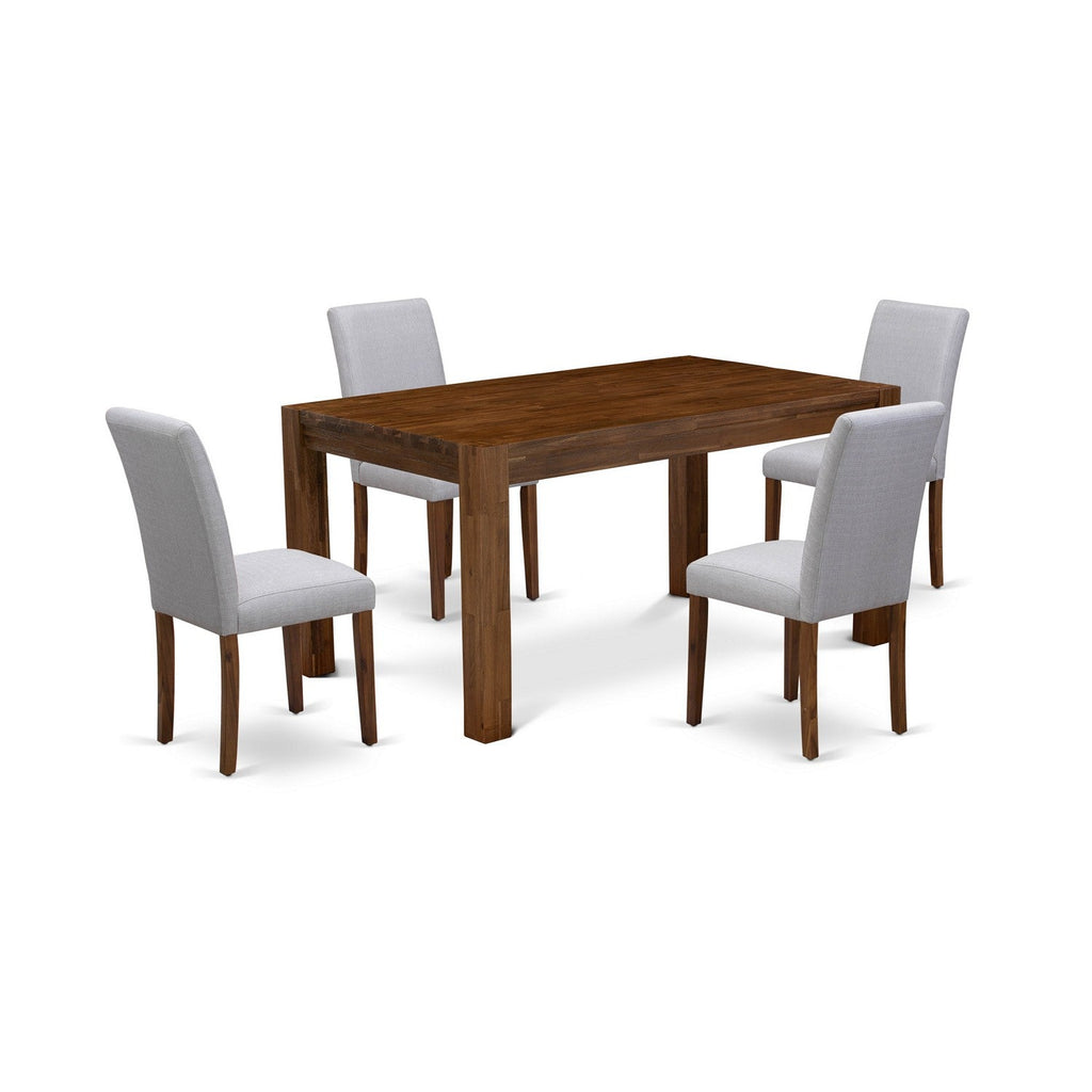 Juego de mesa de cocina de 5 piezas East West Furniture CNAB5-N8-05 para 4 personas. Incluye una mesa de comedor rectangular de madera rústica y 4 sillas de comedor Parson de tela de lino gris.