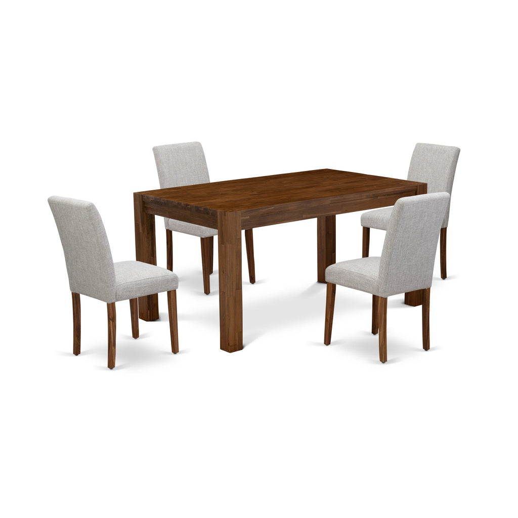 Juego de mesa de comedor moderna de 5 piezas East West Furniture CNAB5-NN-35. Incluye una mesa rectangular de madera rústica y 4 sillas tapizadas en tela de lino y piel de venado.