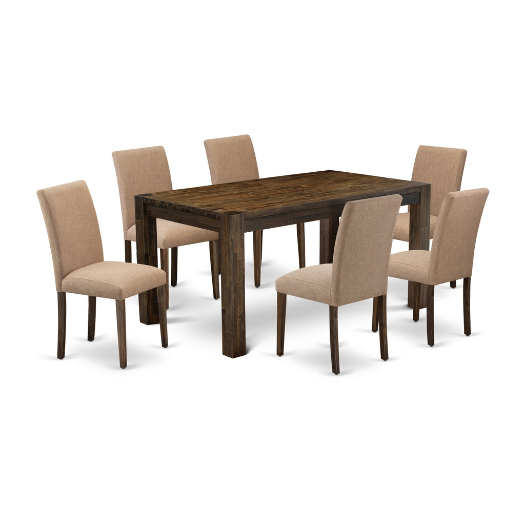 East West Furniture CNAB7-77-47 7 Piece Modern Dining Table Set Consist of a Rectangle Rustic Wood Wooden Table and 6 Light Sable Linen Fabric Upholstered Chairs