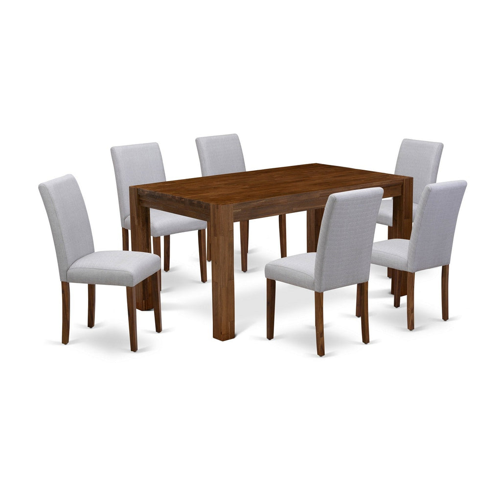 Juego de mesa de comedor de 7 piezas East West Furniture CNAB7-N8-05 compuesto por una mesa de cocina rectangular de madera rústica y 6 sillas Parson tapizadas en tela de lino gris.