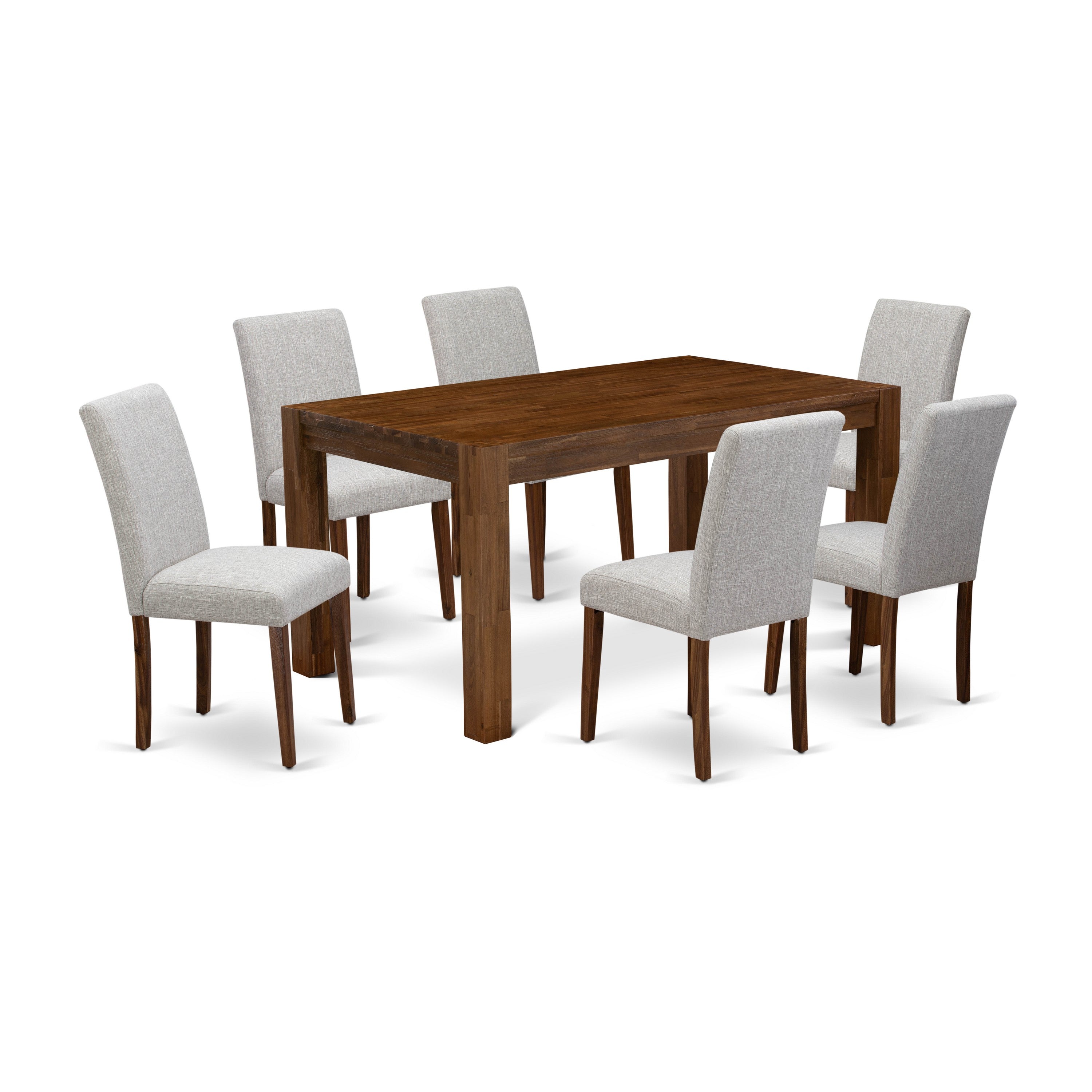 Juego de comedor de 7 piezas CNAB7-NN-35 de East West Furniture: mesa de comedor rectangular de madera rústica y 6 sillas Parson tapizadas en tela de lino y piel de venado.