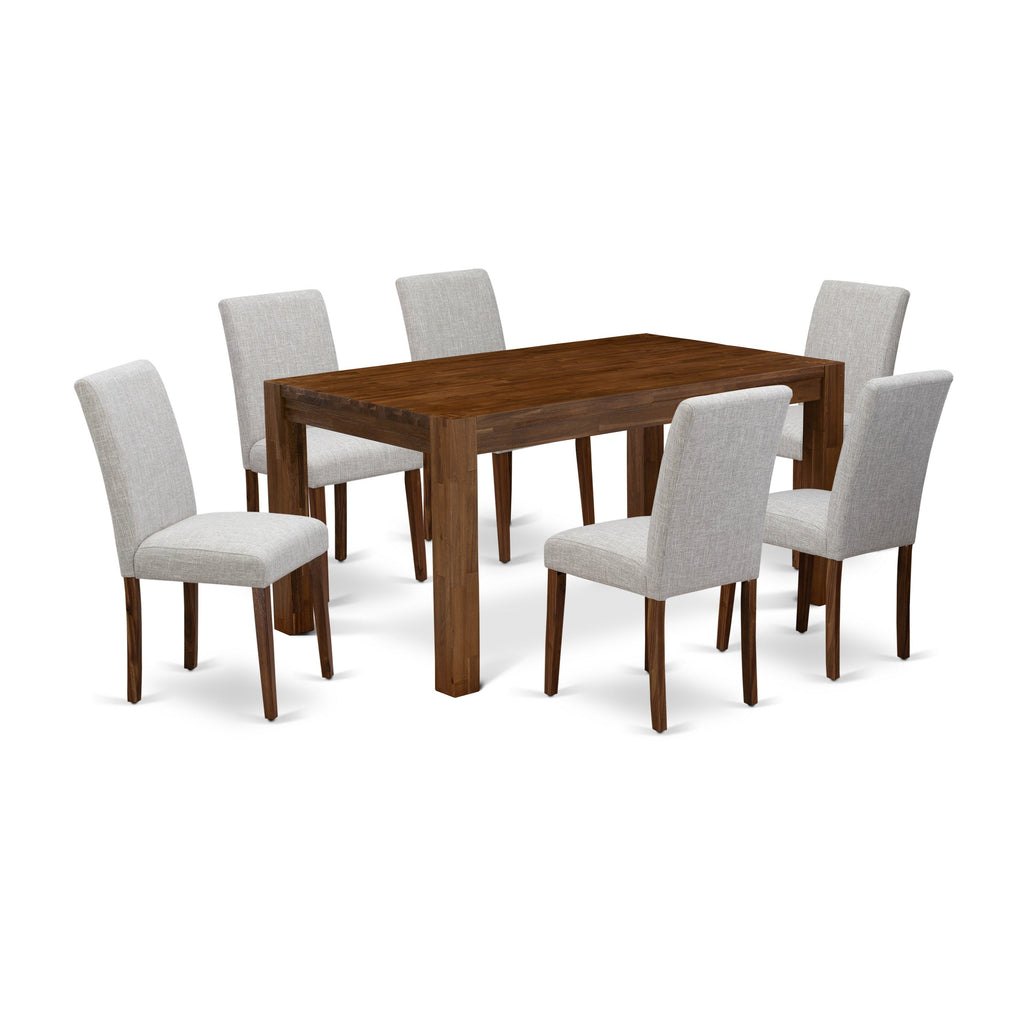 Juego de comedor de 7 piezas CNAB7-NN-35 de East West Furniture: mesa de comedor rectangular de madera rústica y 6 sillas Parson tapizadas en tela de lino y piel de venado.