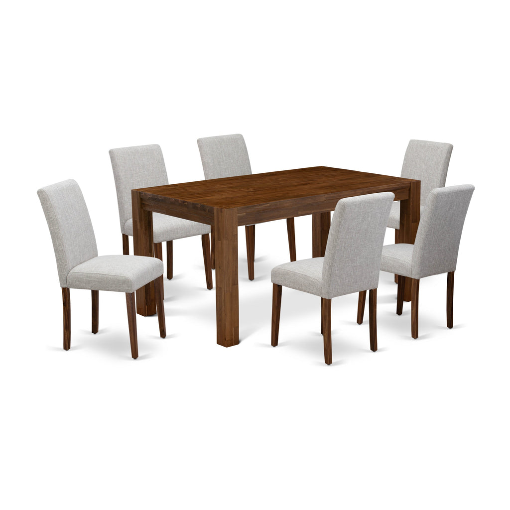 East West Furniture CNAB7-NN-35 7 Piece Dinette Set Consist of a Rectangle Rustic Wood Dining Room Table and 6 Doeskin Linen Fabric Upholstered Parson Chairs, 36x60 Inch, Natural Walnut