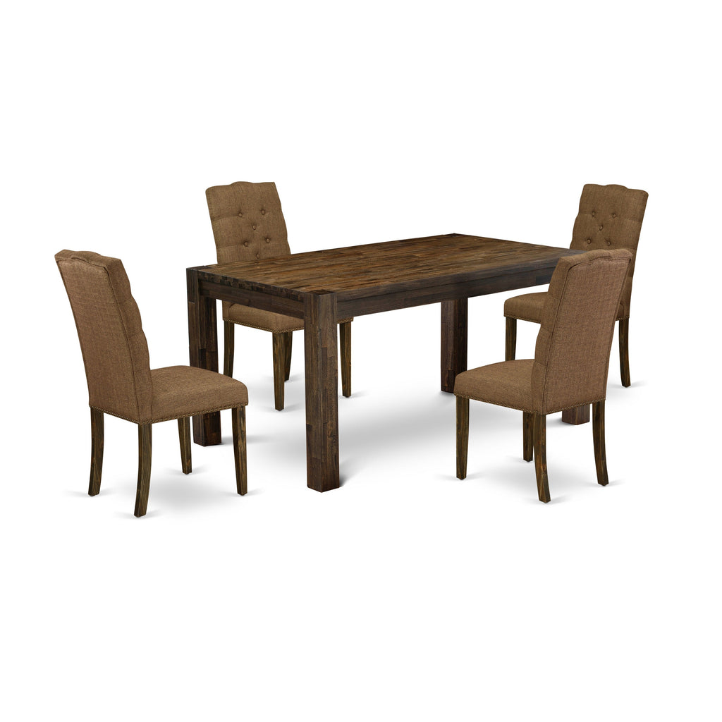 East West Furniture CNEL5-77-18 5 Piece Dining Set Includes a Rectangle Rustic Wood Dining Room Table and 4 Brown Linen Linen Fabric Upholstered Parson Chairs